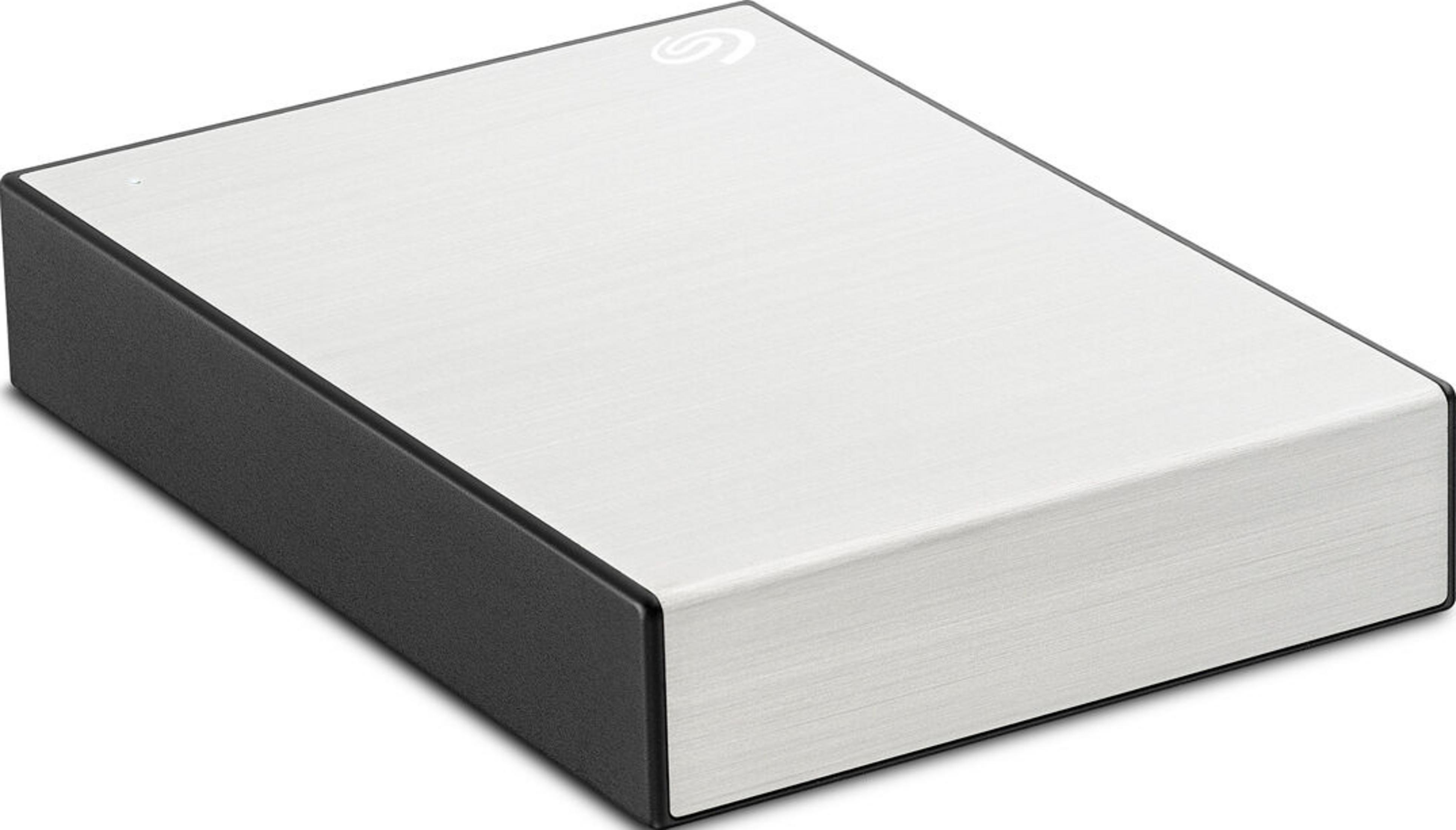 Hard disk esterno argentato con scocca nera, logo Seagate.