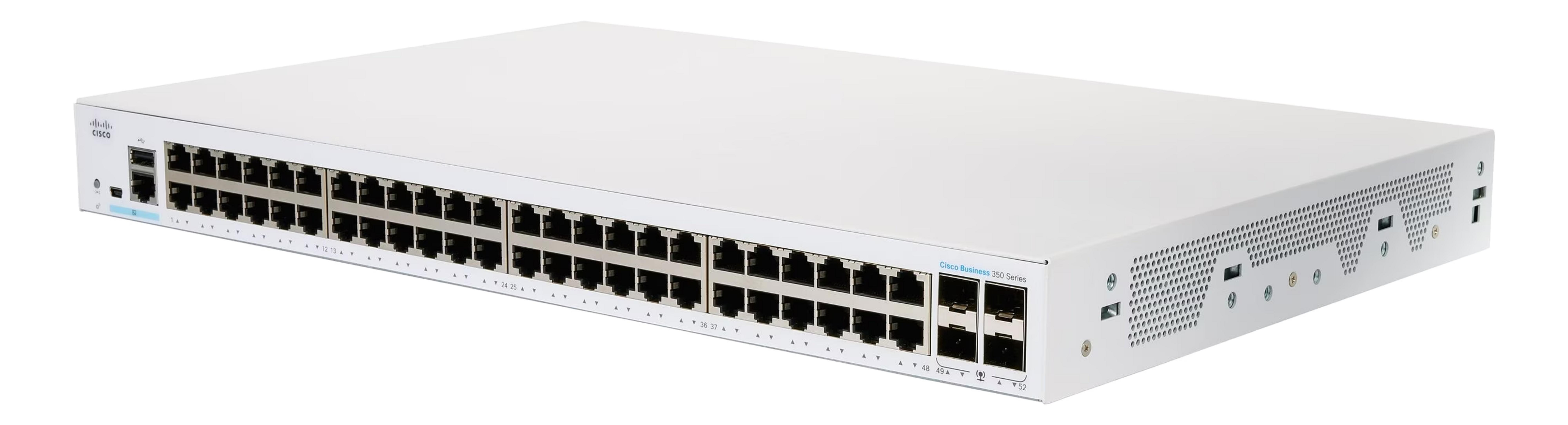 Biały przełącznik Cisco Business 350 Series z wieloma portami.