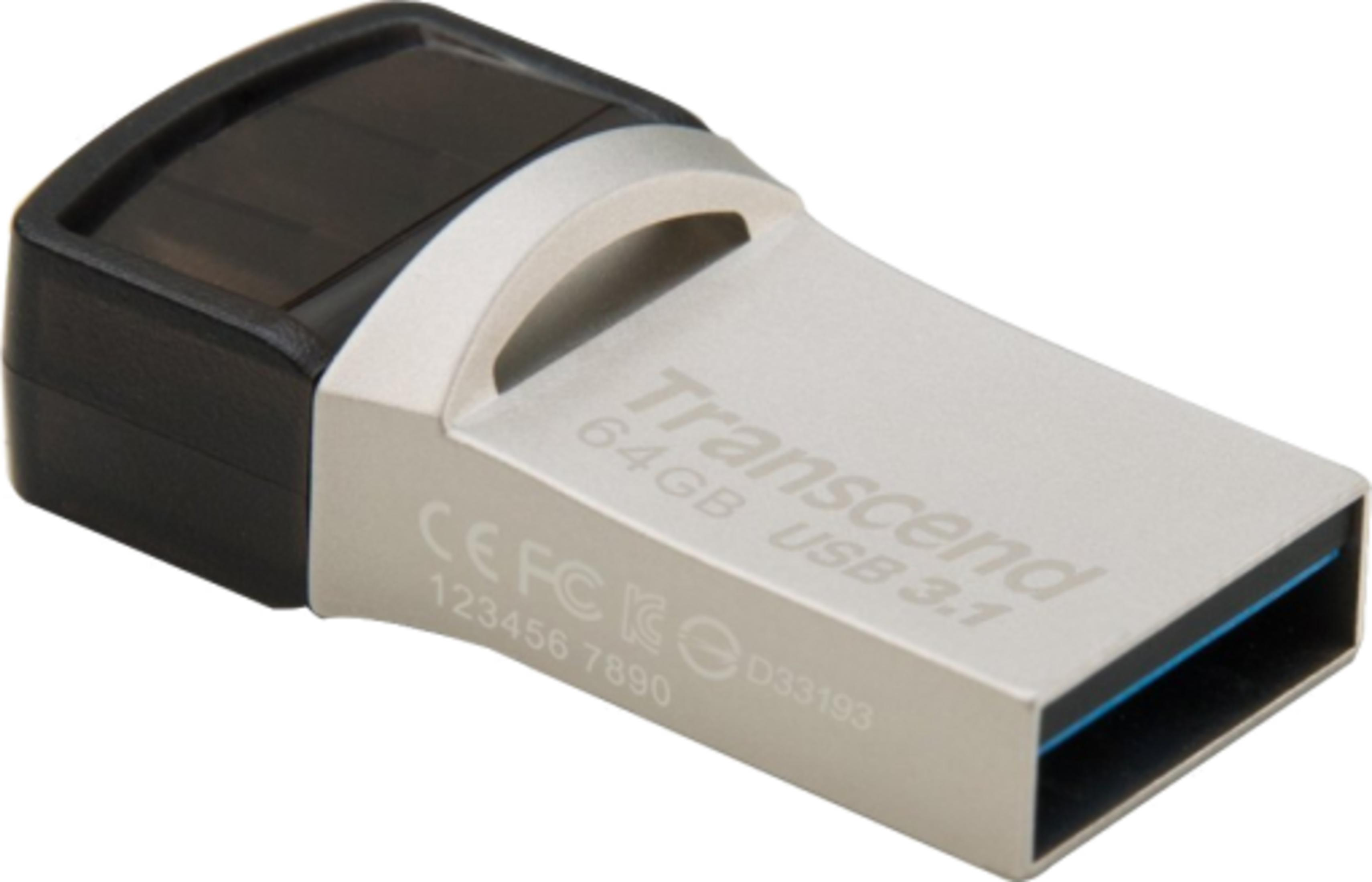 Srebrny pendrive Transcend 64GB USB 3.1 z czarną zatyczką i niebieskim wnętrzem.