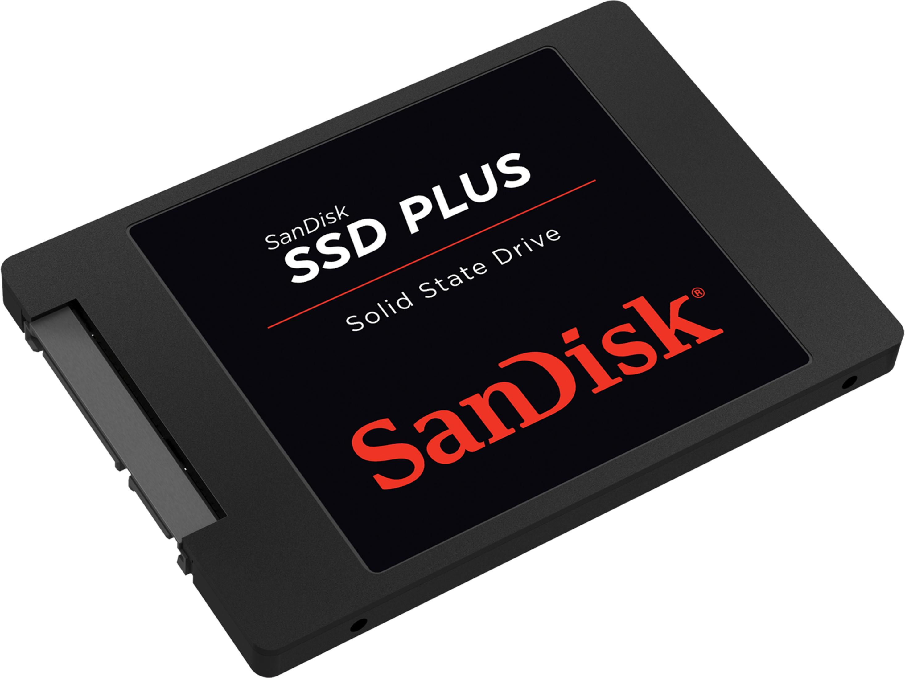 Czarny dysk SanDisk SSD Plus z czerwonym logo i napisem.
