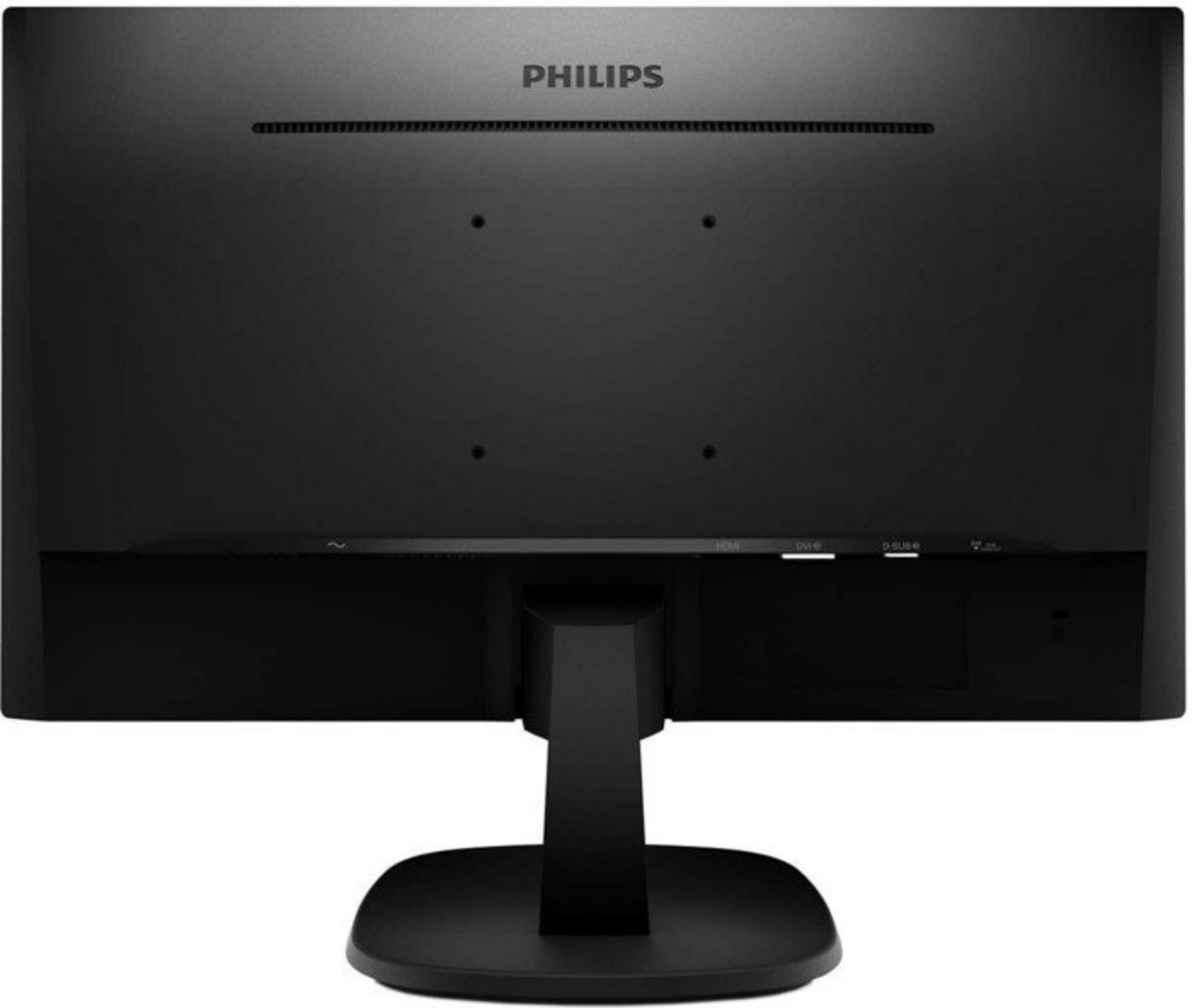 Tył czarnego monitora Philips ze stojakiem i widocznymi portami.