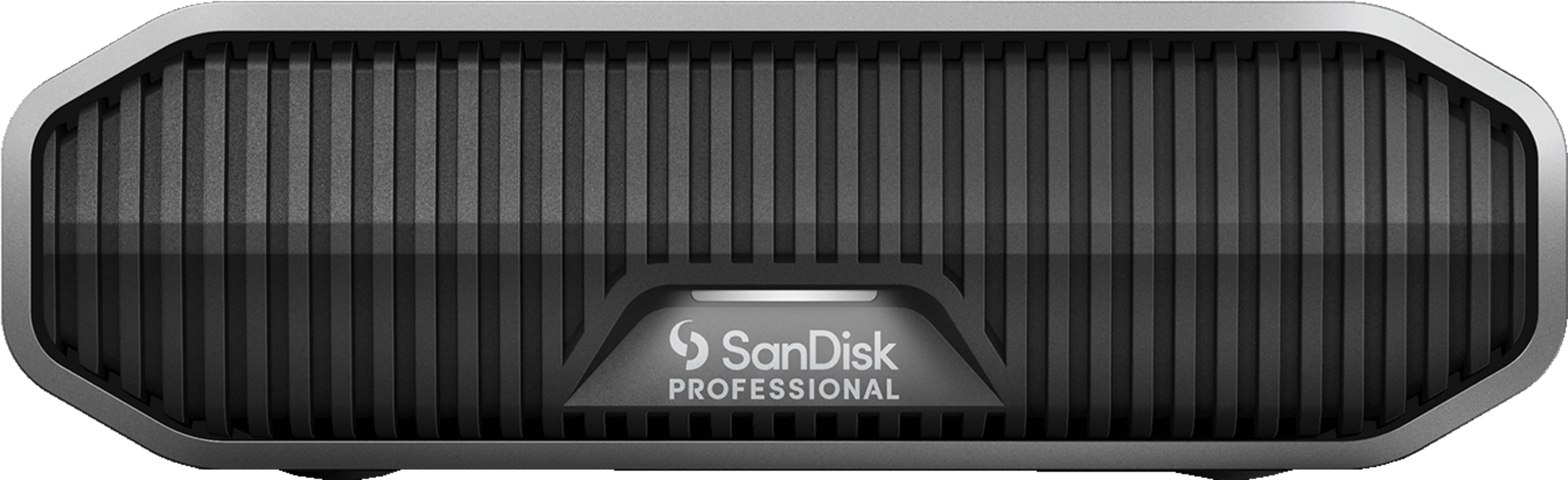 Czarne urządzenie SanDisk Professional z żebrowanym frontem.