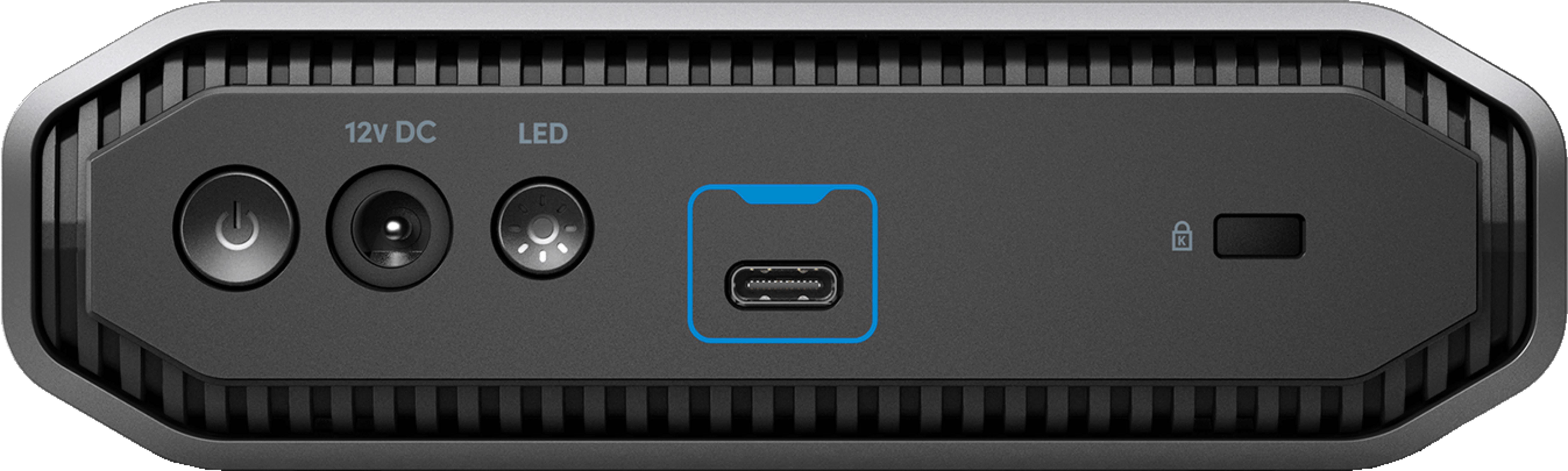 Zbliżenie: Przycisk zasilania, 12V DC, LED, port USB-C i ikona blokady.