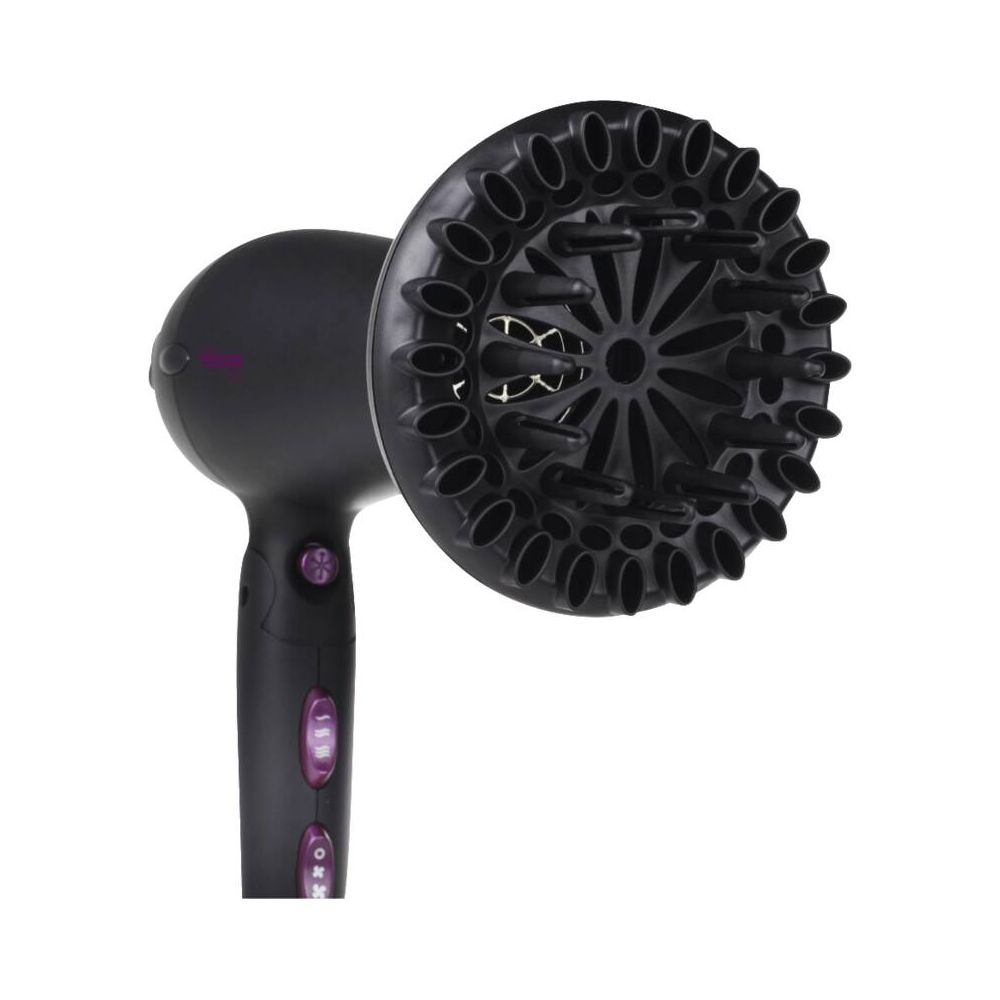 Czarna suszarka do włosów z dyfuzorem i fioletowymi przyciskami na białym tle.
