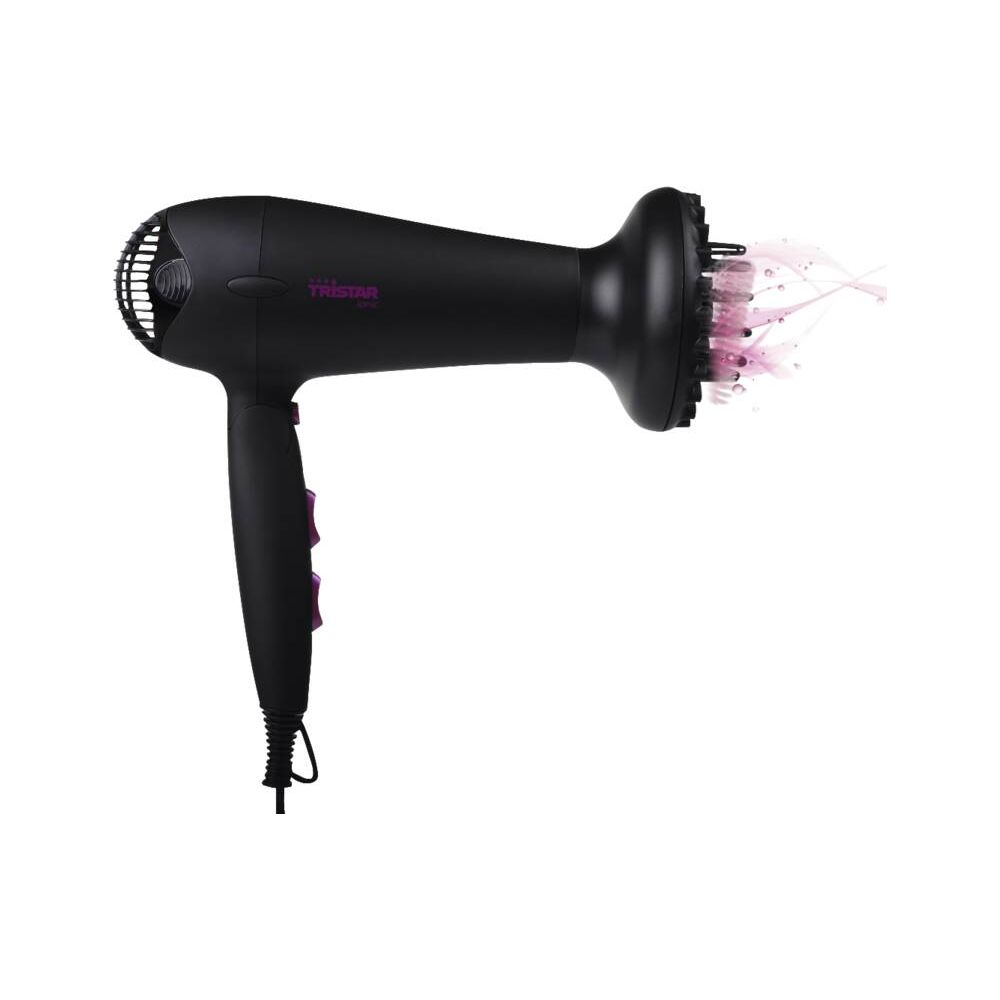 Czarna suszarka do włosów z dyfuzorem i różowym strumieniem powietrza.