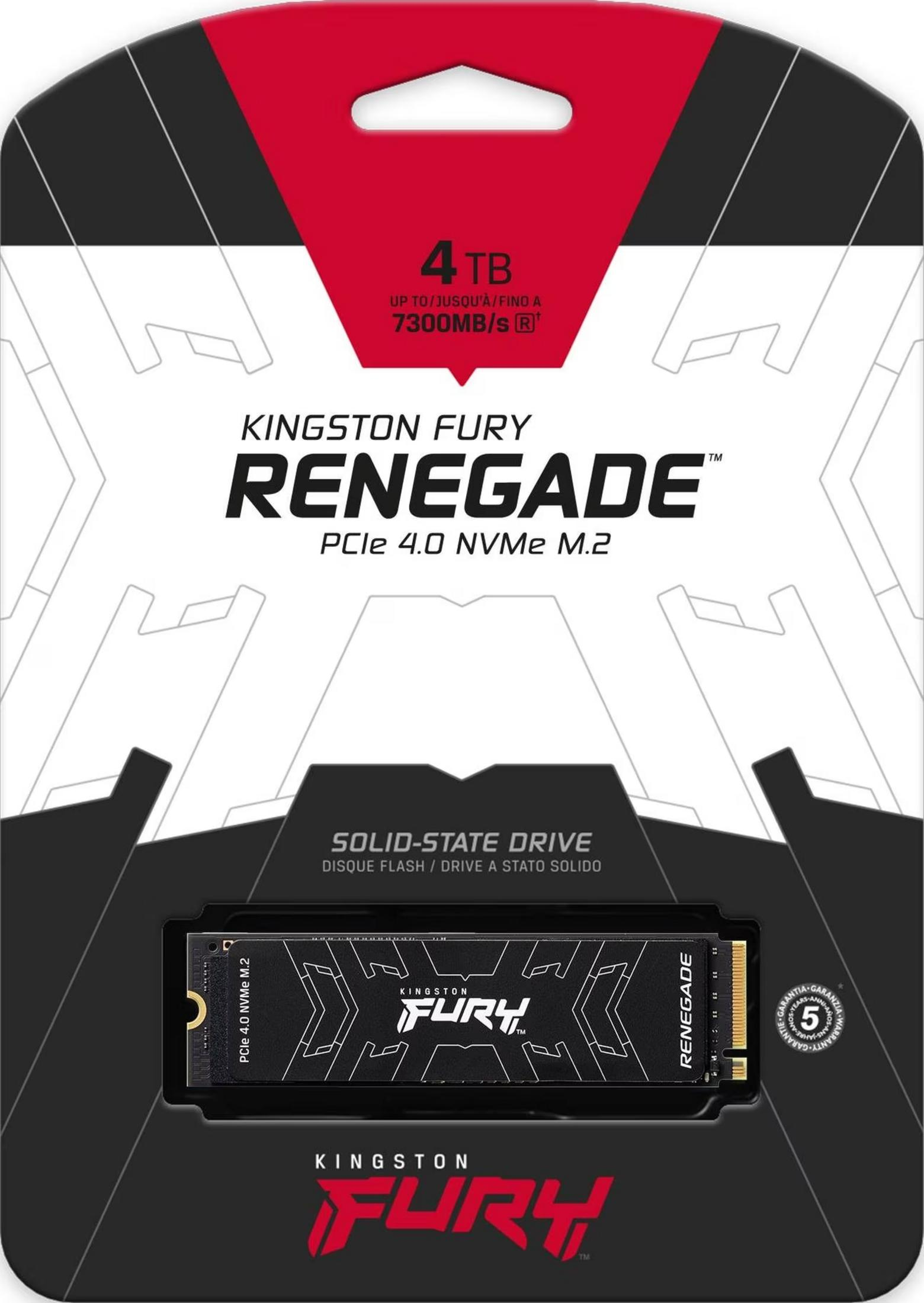 Opakowanie dysku SSD Kingston Fury Renegade 4TB NVMe M.2 z czerwonymi i czarnymi akcentami.