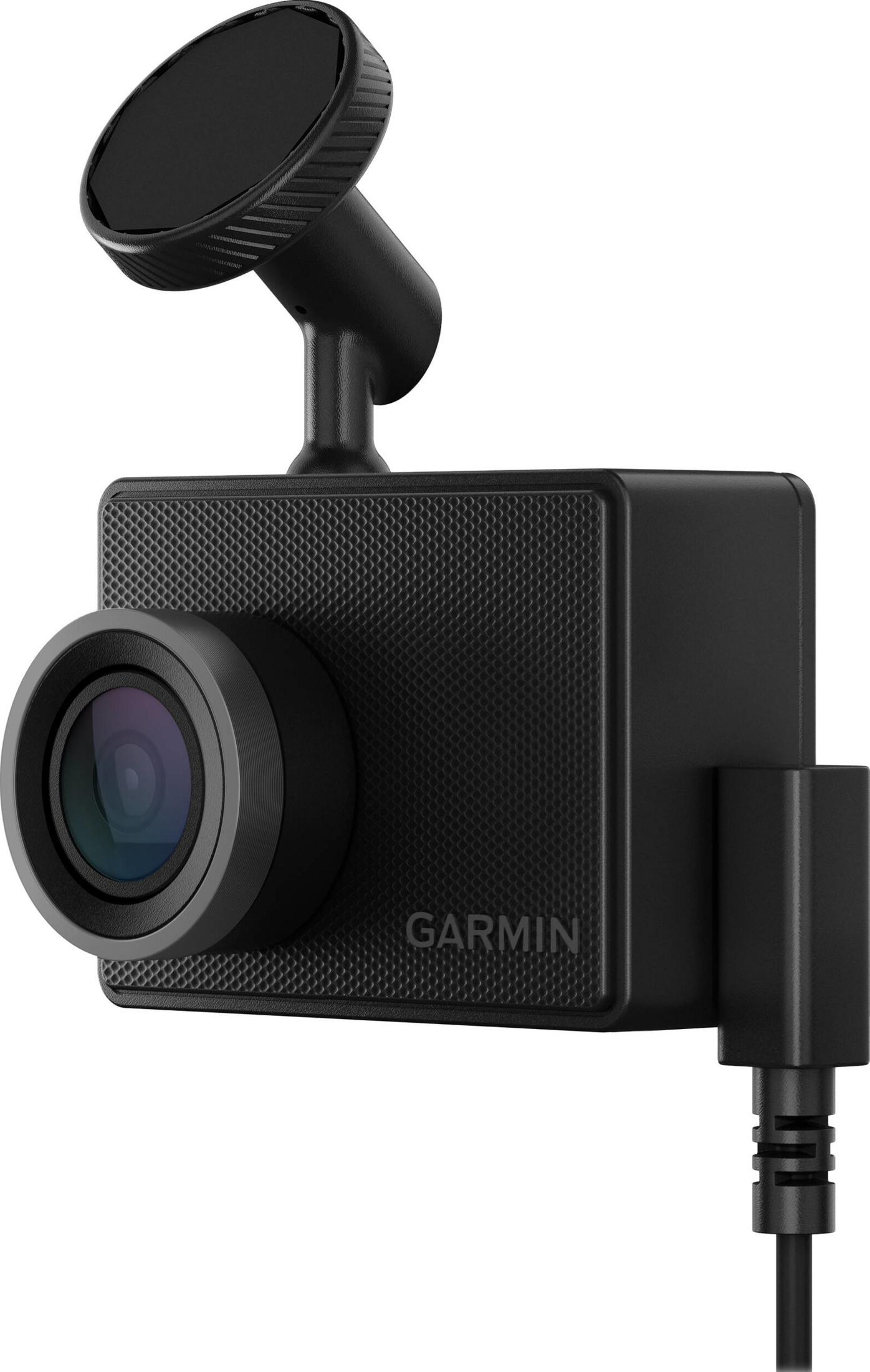 Cámara Garmin negra con soporte de lente y cable de alimentación.