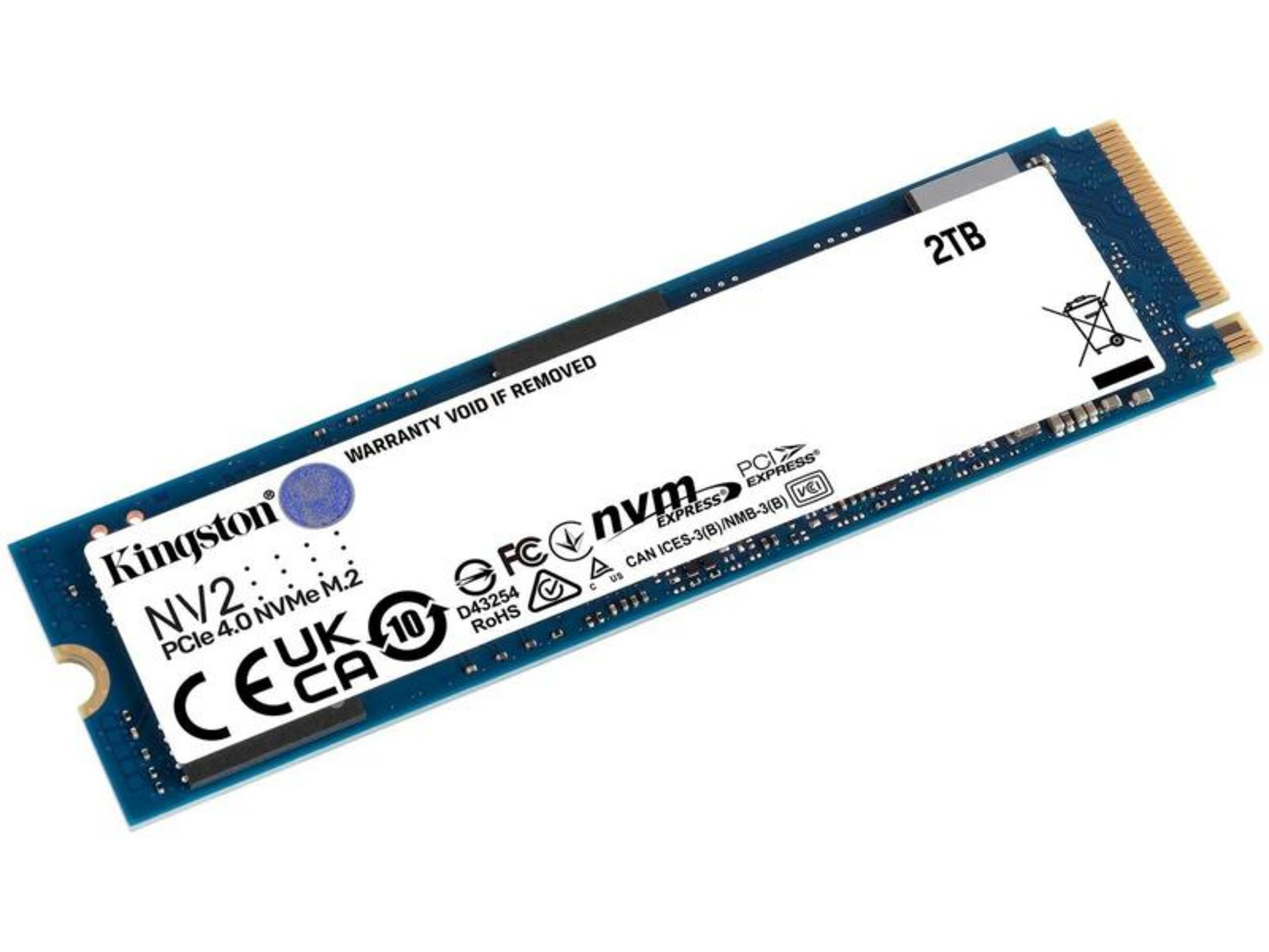 Kingston NV2 2TB NVMe M.2 SSD, PCIe 4.0. Garanti etiketi görünüyor.