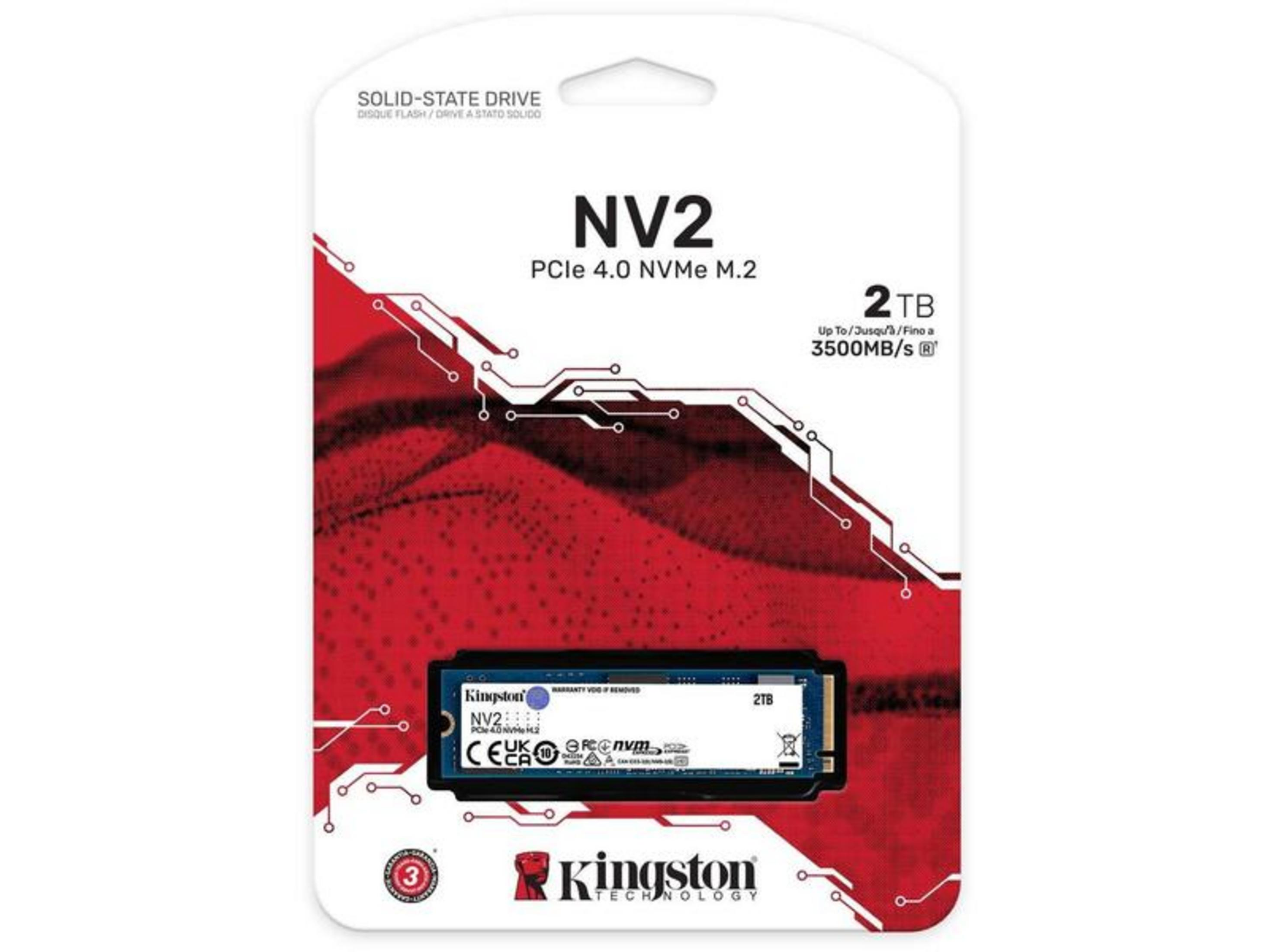 Kingston NV2 2TB NVMe M.2 SSD, kırmızı devre kartı tasarımlı kutusunda.