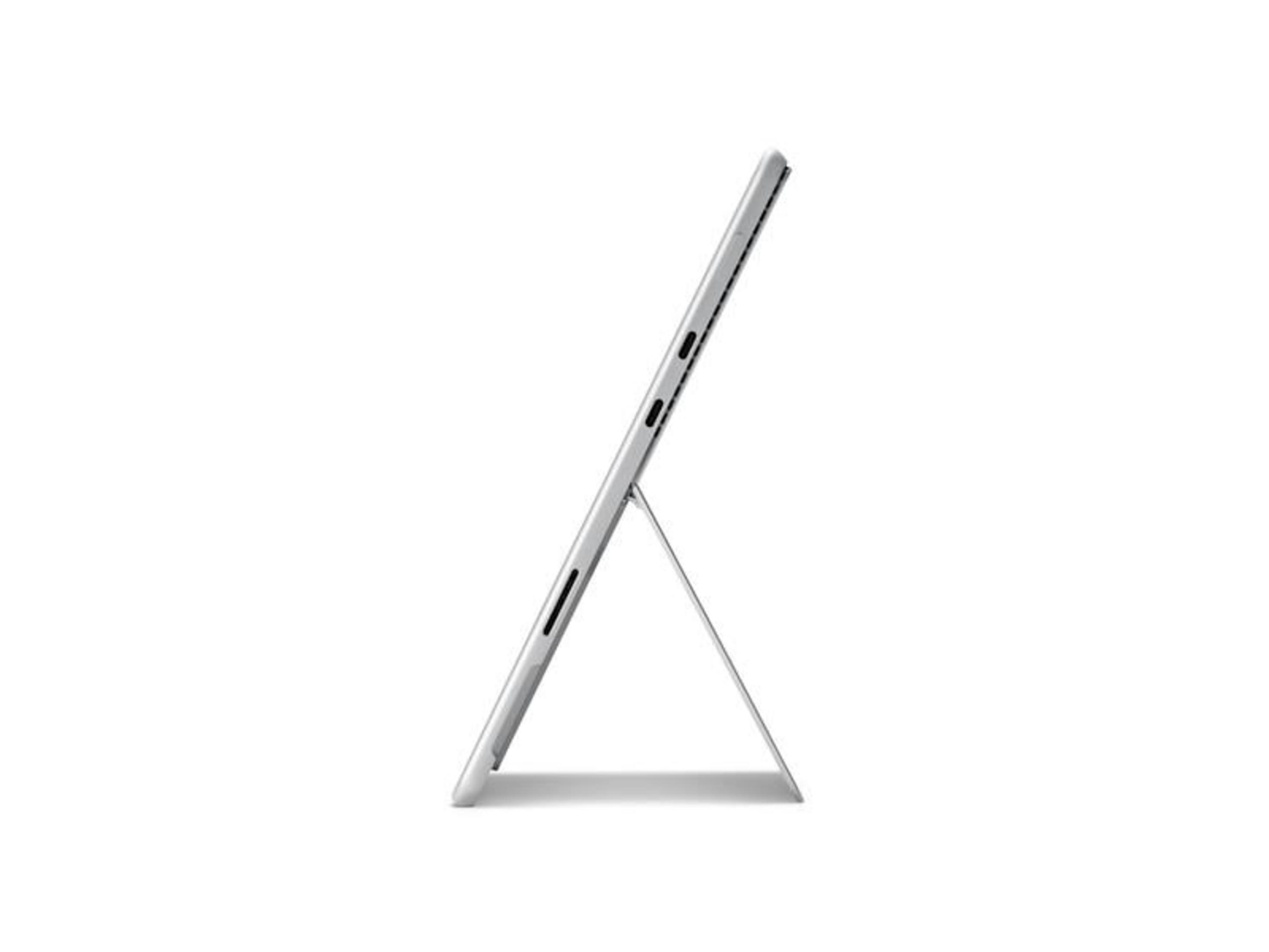 Silbernes Tablet mit ausklappbarem Ständer, von der Seite gesehen.