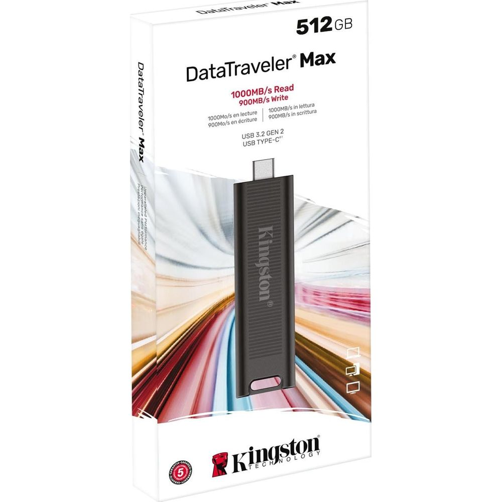 Opakowanie pendrive'a Kingston DataTraveler Max 512GB USB Type-C. Pokazano czarny dysk.