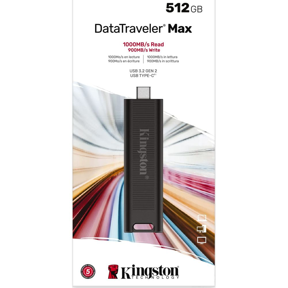 Czarny pendrive Kingston DataTraveler Max 512GB USB-C, prędkość odczytu/zapisu 1000MB/s.