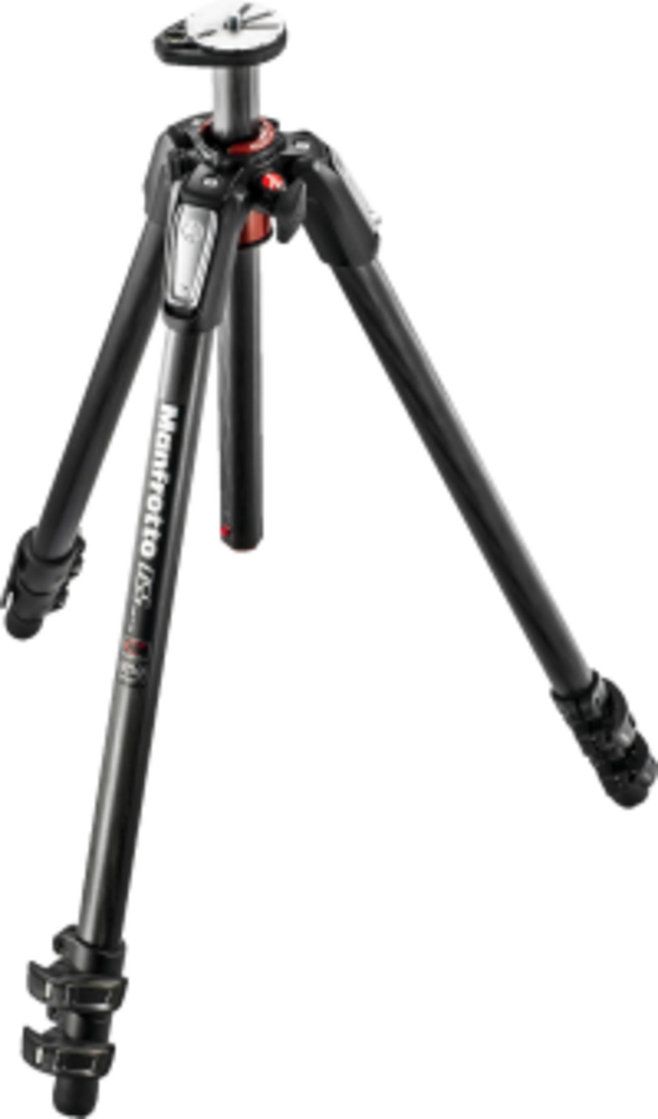 Czarny statyw Manfrotto z trzema nogami i mocowaniem kamery.