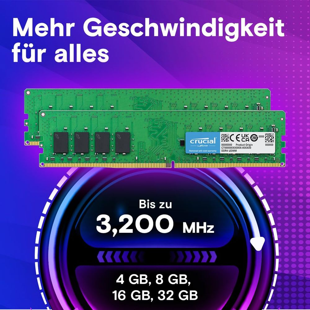 Dwa zielone moduły RAM Crucial DDR4 ze specyfikacjami na fioletowym tle.