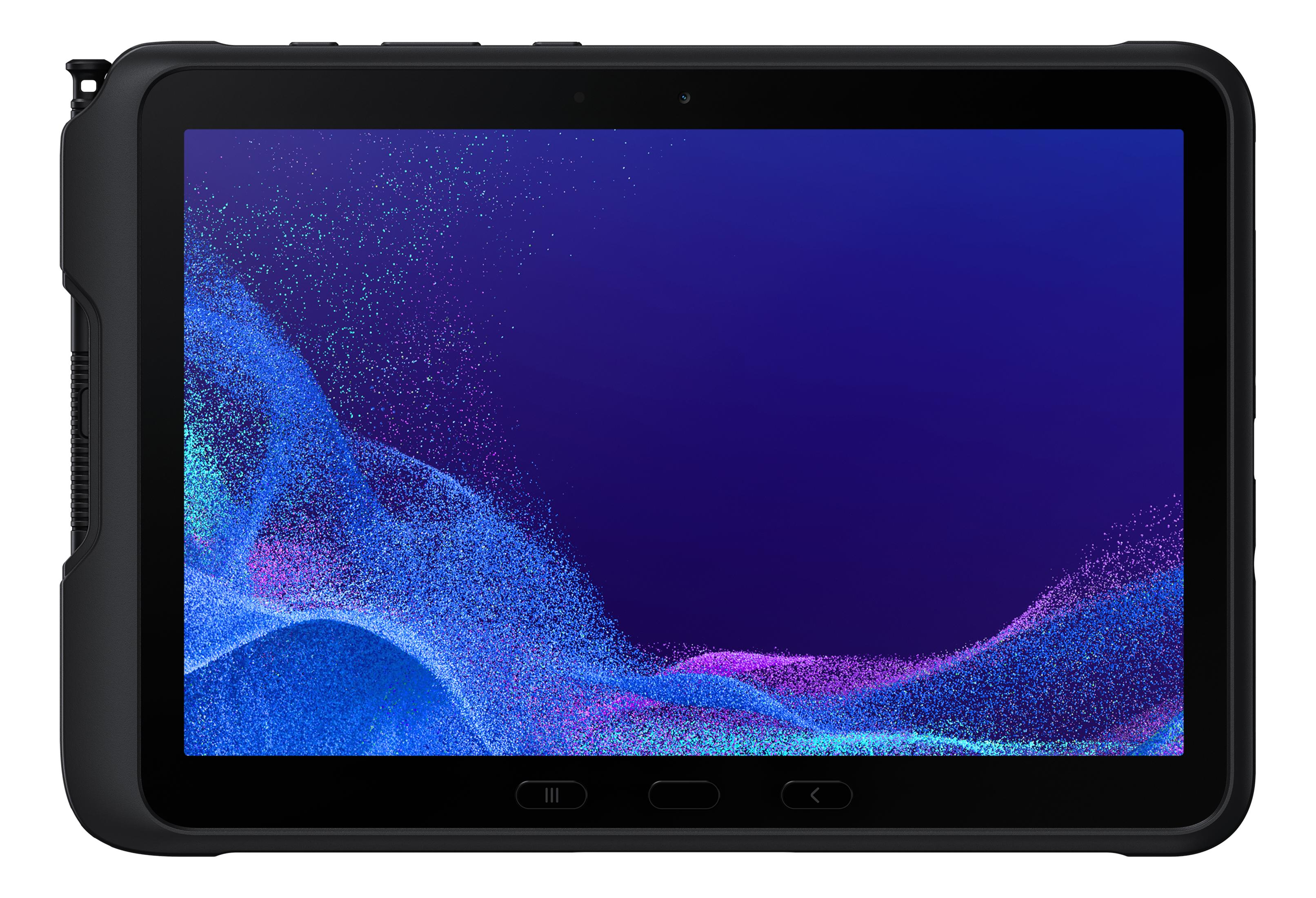 Czarny tablet wyświetla fioletowe tło z niebieskimi i różowymi cząsteczkami.