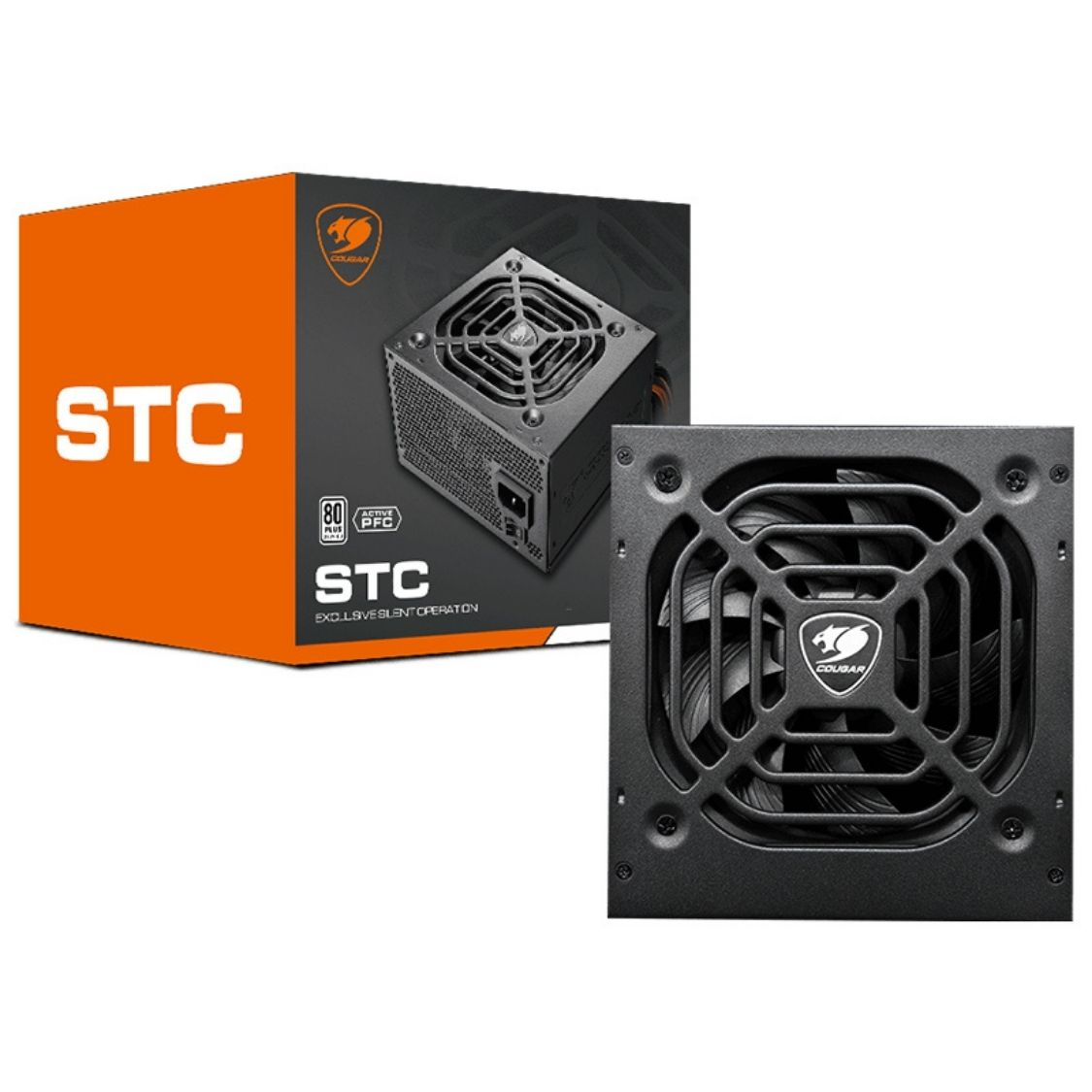 Un alimentatore PC con ventola e logo Cougar su griglia nera.