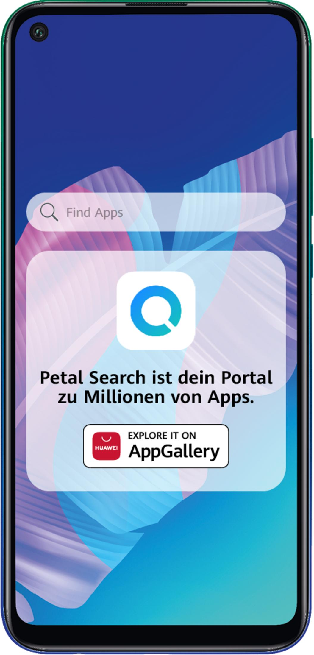 Ein Smartphone zeigt die Petal Search App mit dem Suchfeld 'Find Apps'.