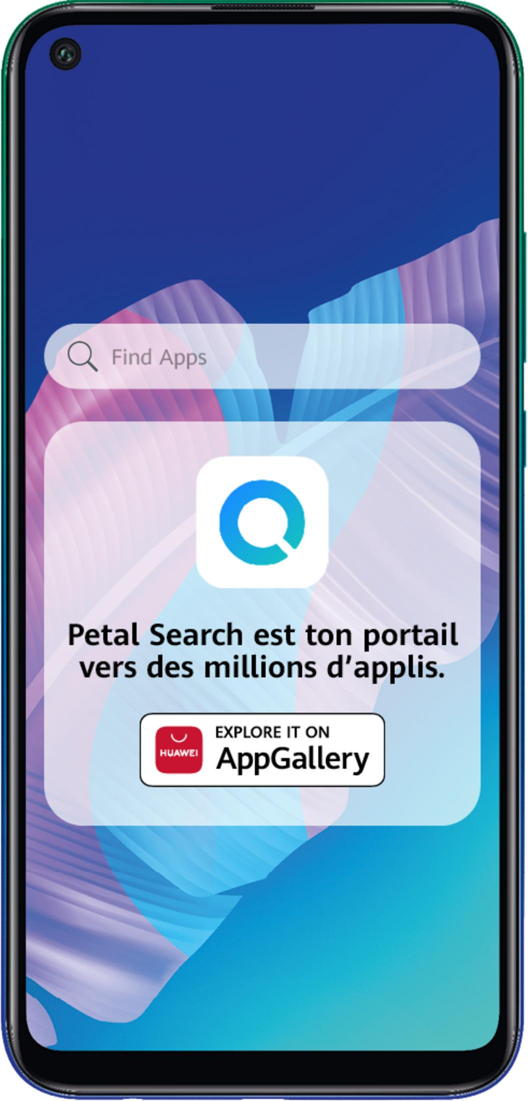 Smartphone-Bildschirm mit Petal Search-App. Suchleiste oben, App-Symbol in Mitte.