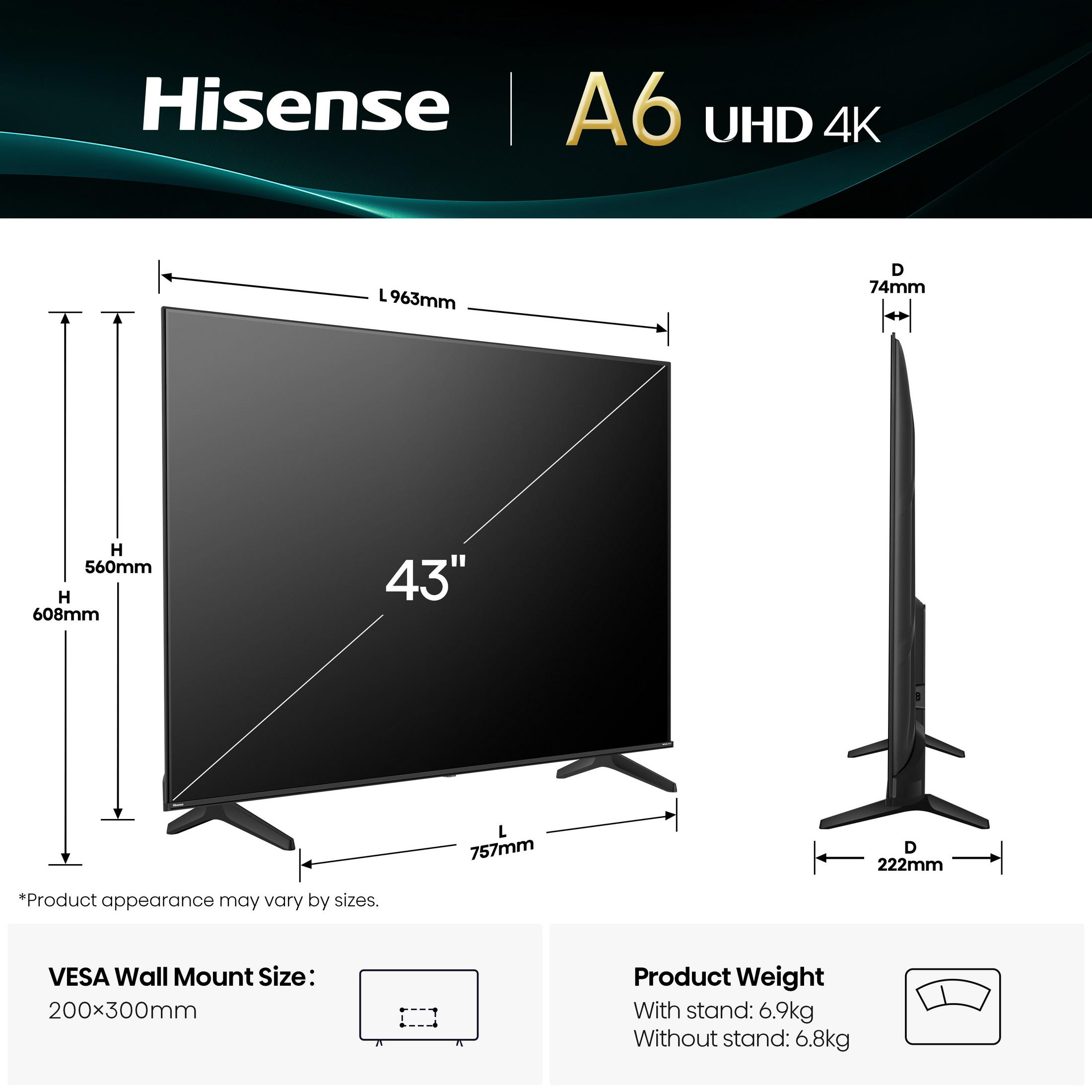 Technische Zeichnung eines Hisense 43-Zoll 4K-Fernsehers mit Maßen.