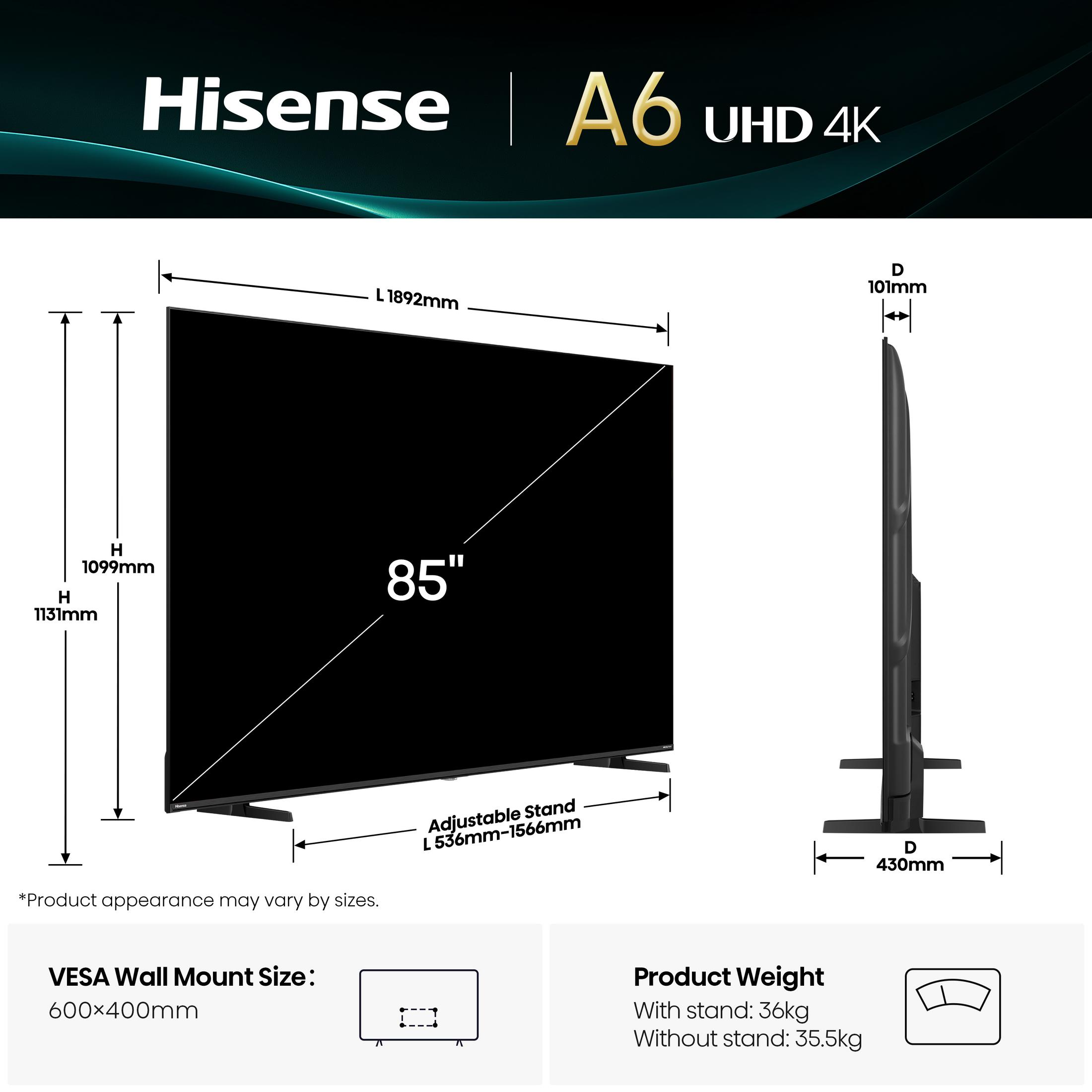 Hisense 85" UHD 4K TV afmetingen: L1892mm, H1099mm, D101mm. VESA 600x400mm.