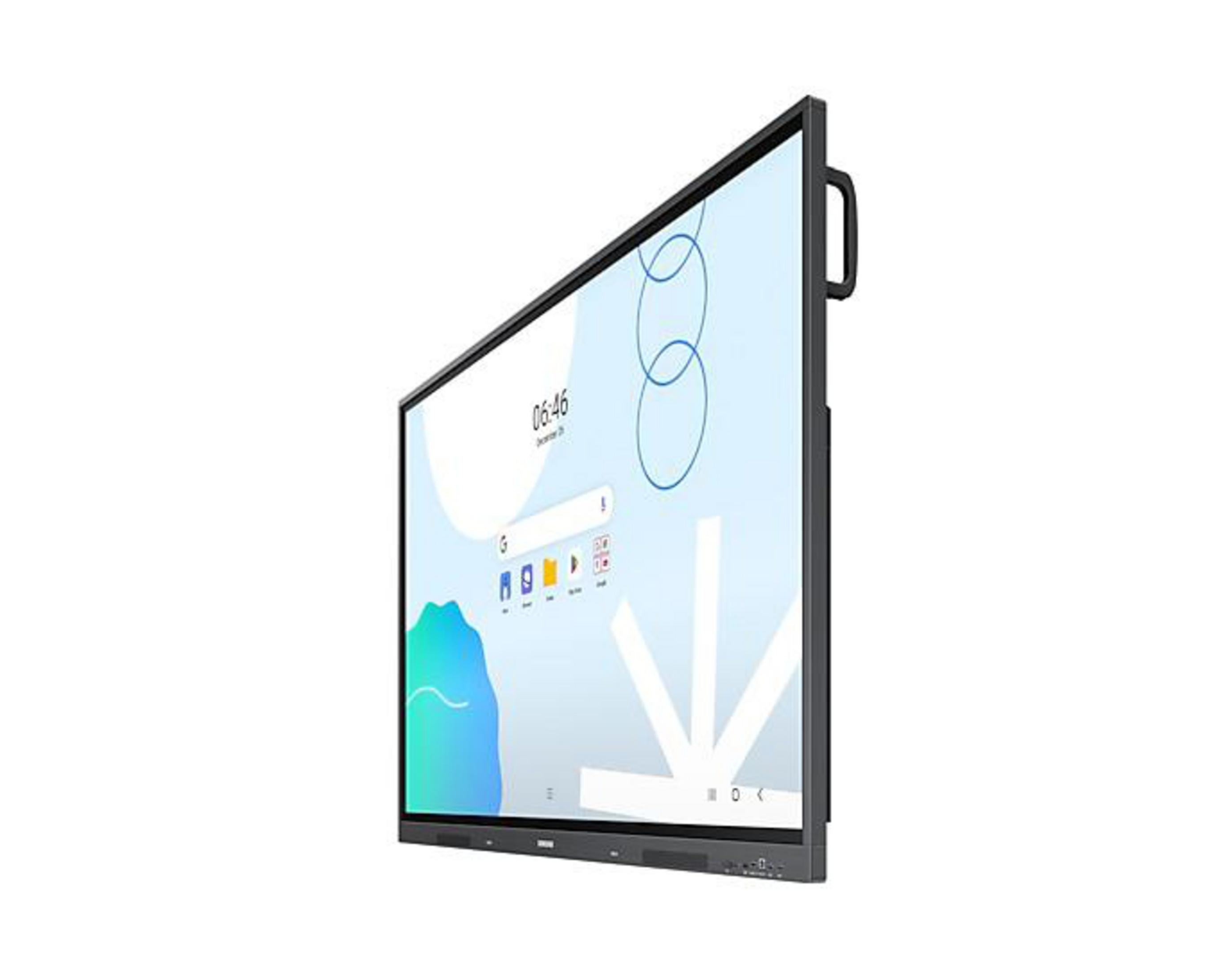 Un touchscreen interattivo nero con sfondo blu e icone.
