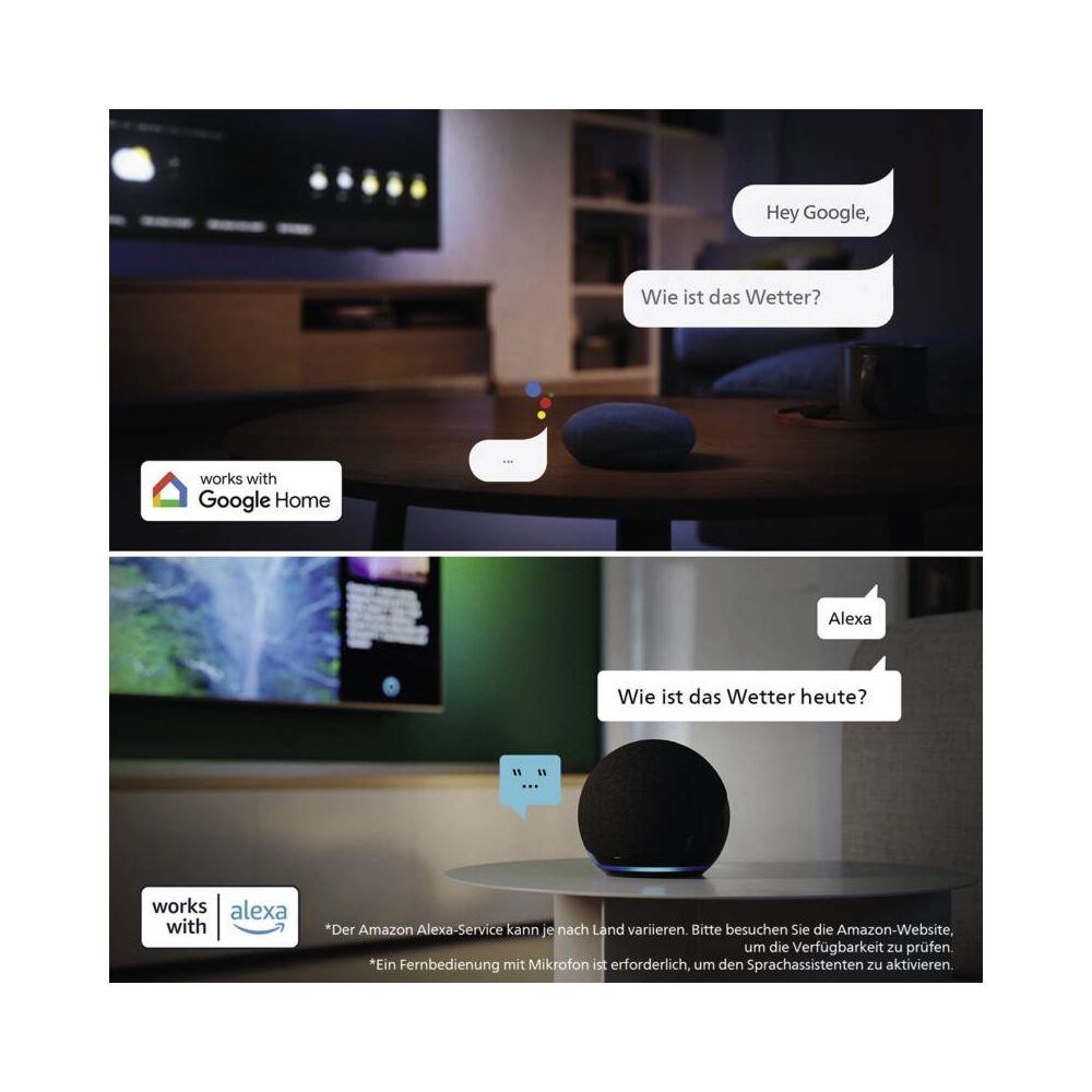 Urządzenia Google Home i Alexa na stołach z dialogami asystentów głosowych.