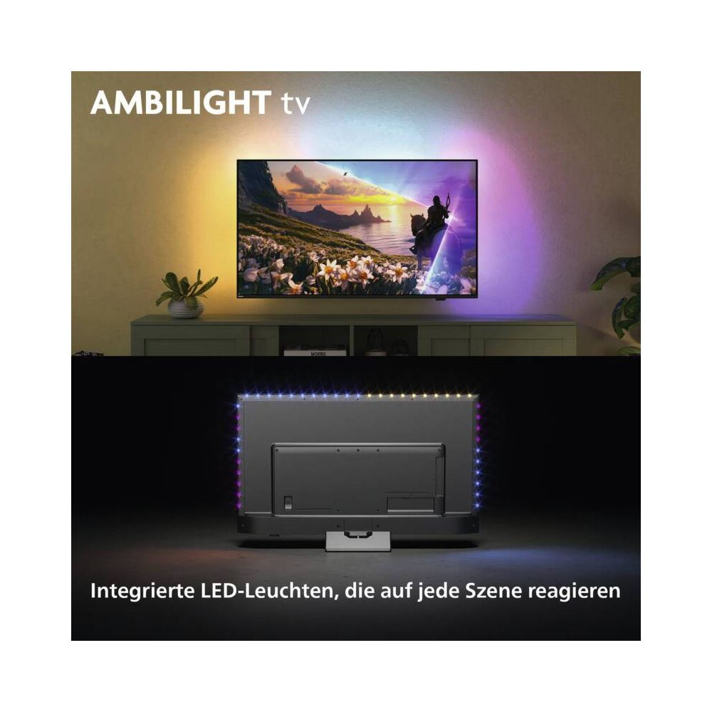 Telewizor Ambilight ze zintegrowanymi diodami LED reagującymi na scenę.