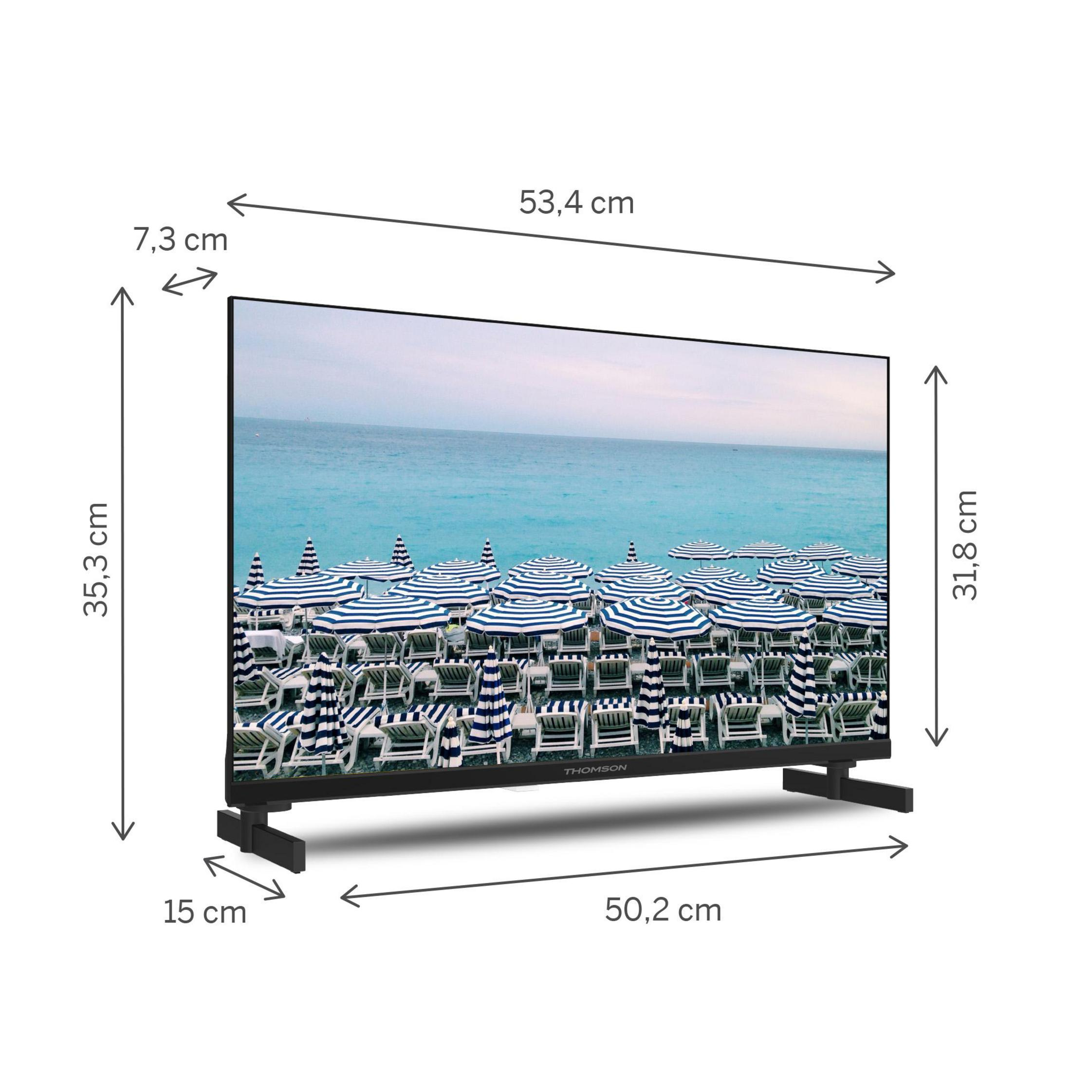 TV con escena de playa y sombrillas. Dimensiones 53,4 x 35,3 cm.