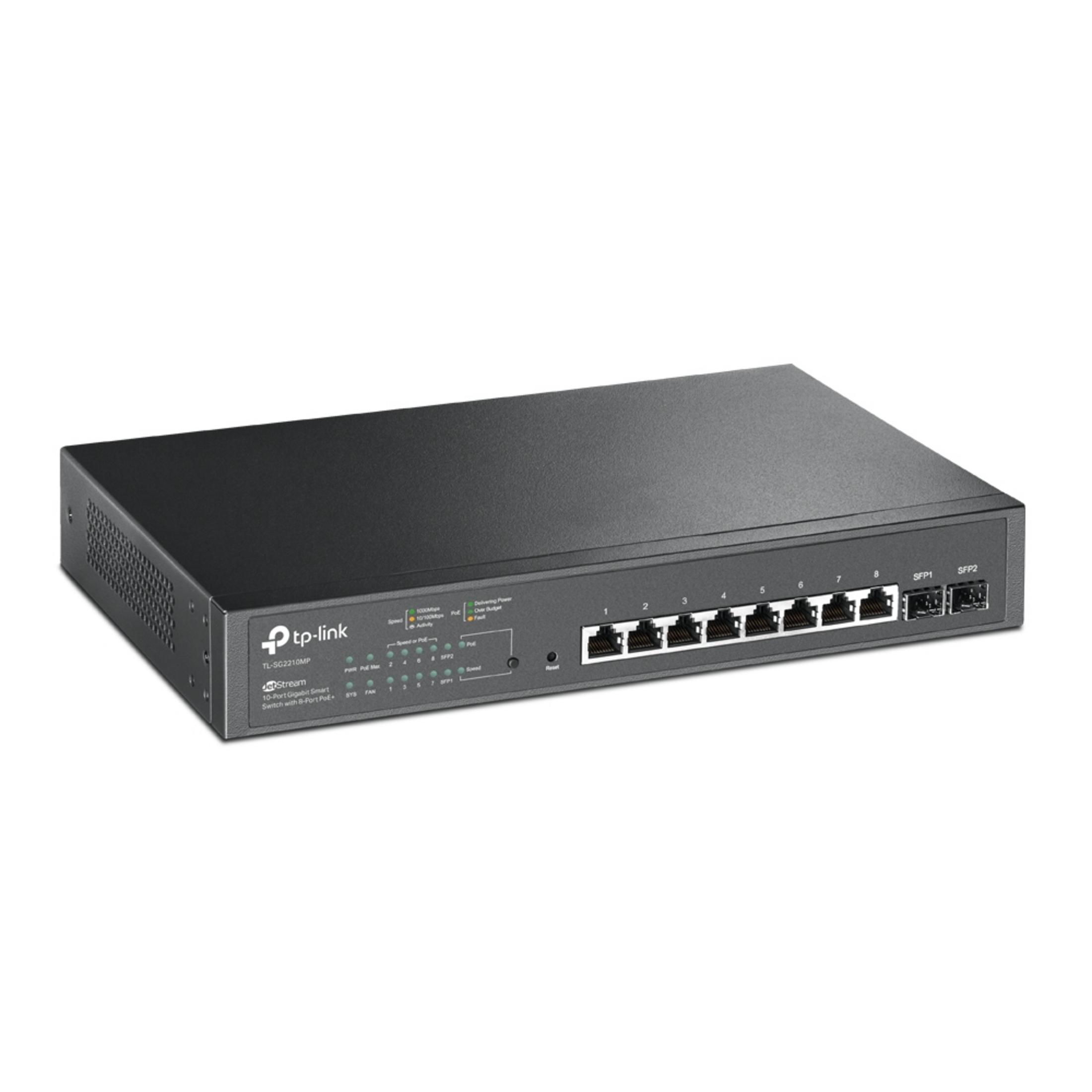 Czarny przełącznik sieciowy TP-Link z 8 portami Ethernet i 2 portami SFP.