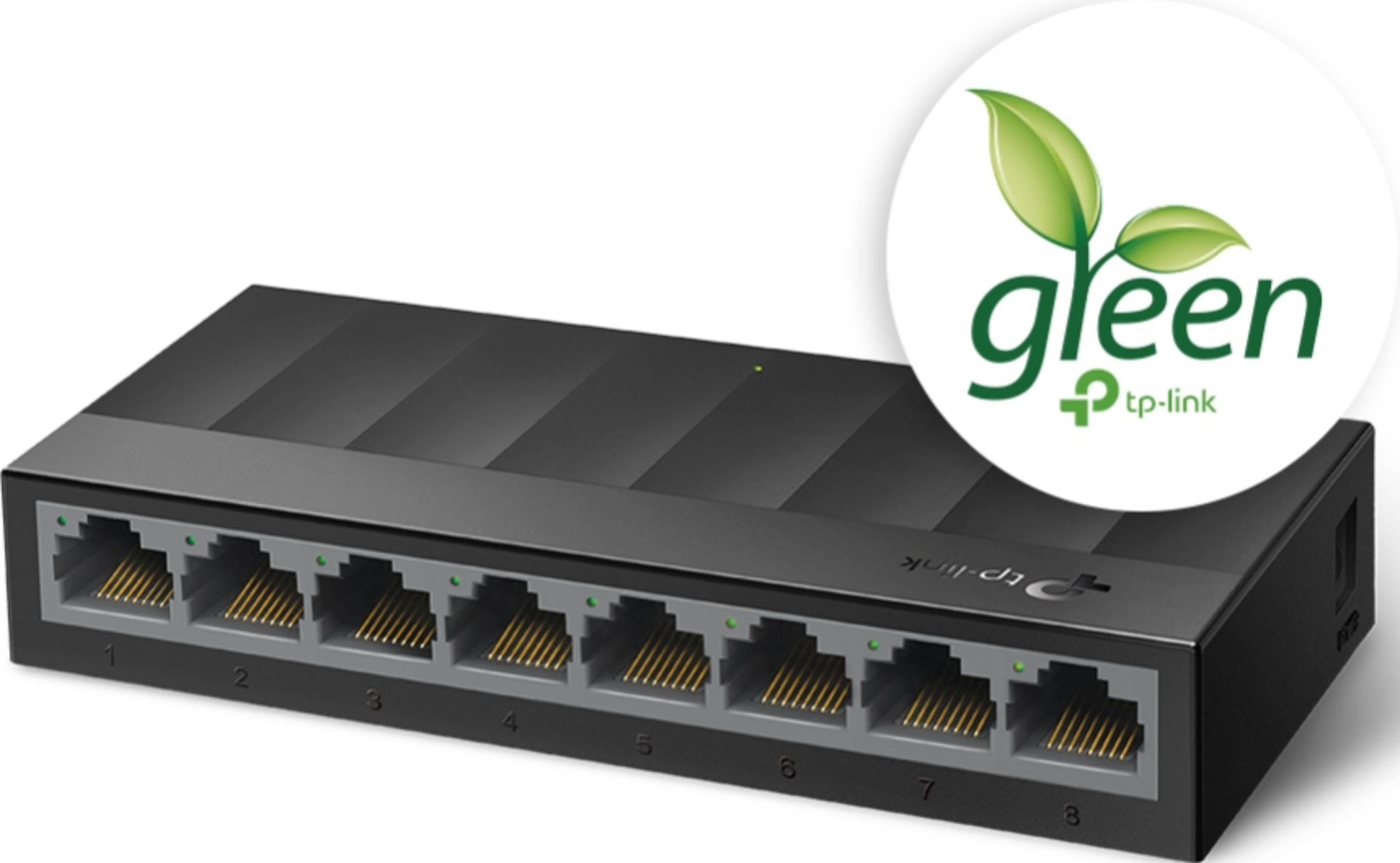 Czarny 8-portowy przełącznik sieciowy z zielonym logo TP-Link i liśćmi.
