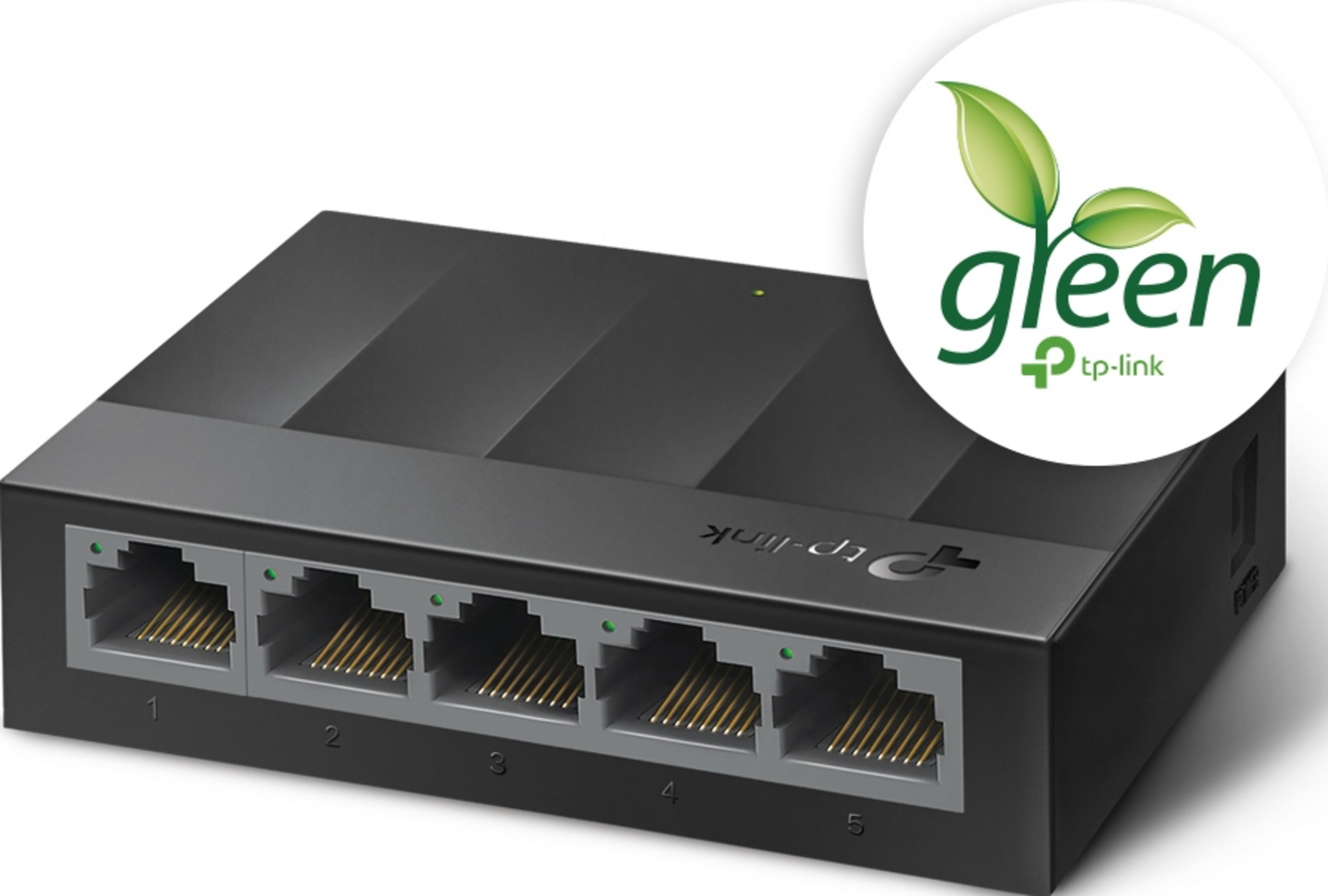Czarny 5-portowy przełącznik sieciowy z logo TP-Link Green.