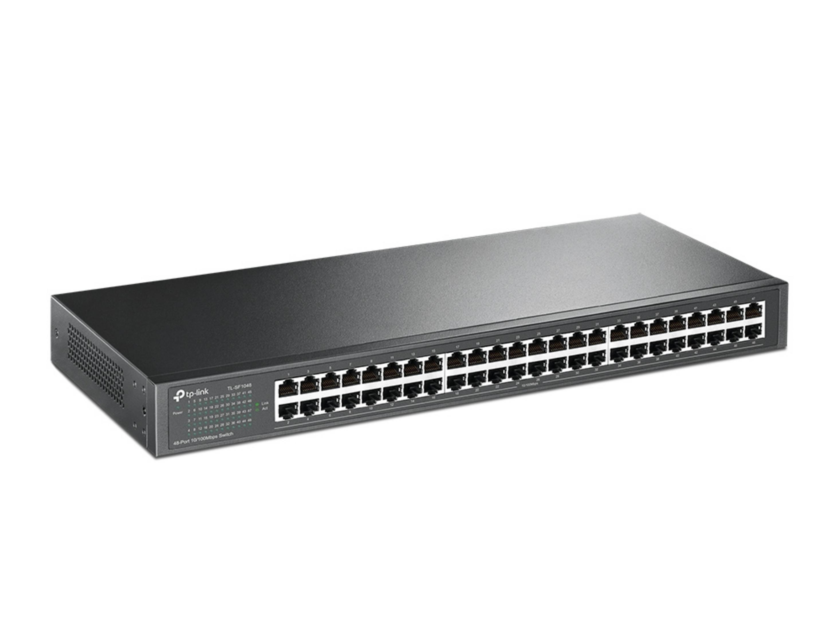 Un commutateur réseau noir 48 ports avec ports RJ45 et LED d'état.