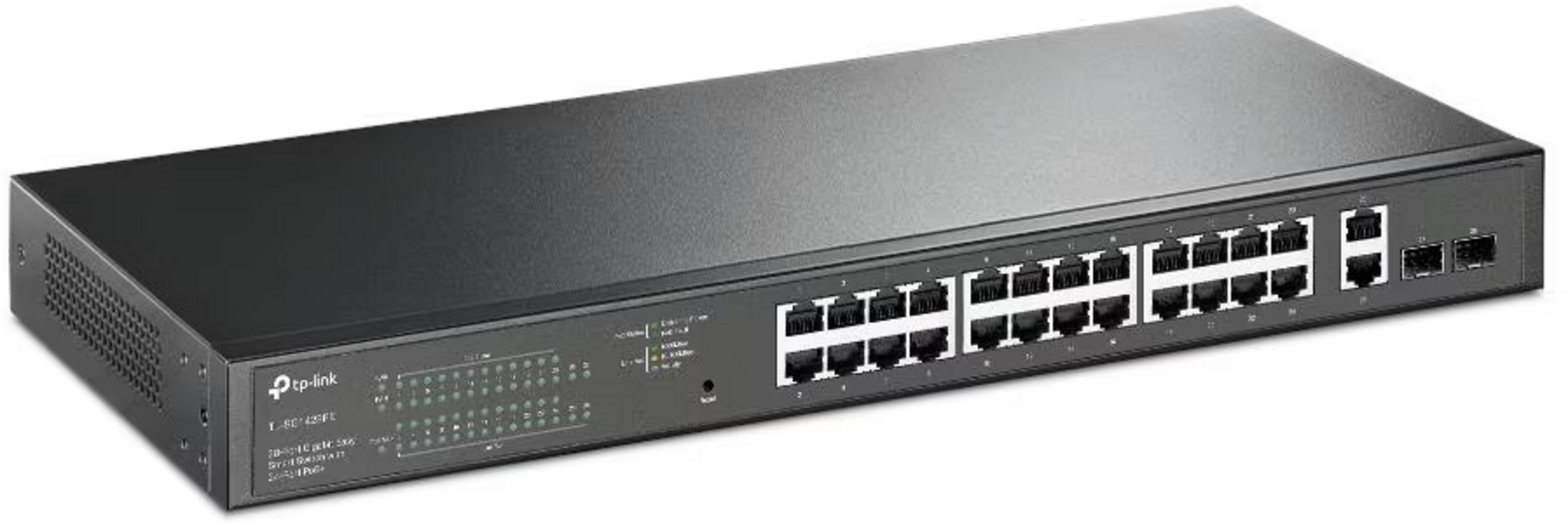 Czarny przełącznik sieciowy TP-Link z 24 portami i diodami LED.