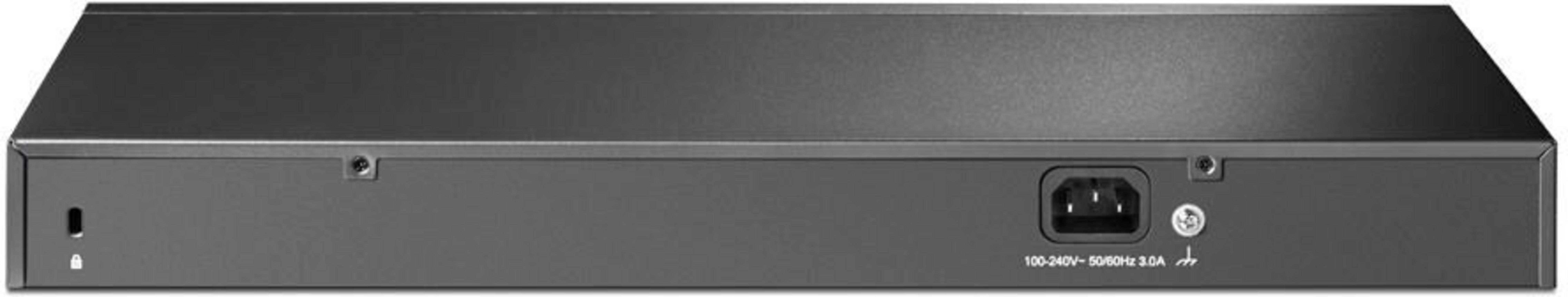 Tył szarego przełącznika sieciowego ze złączem zasilania i symbolem blokady.