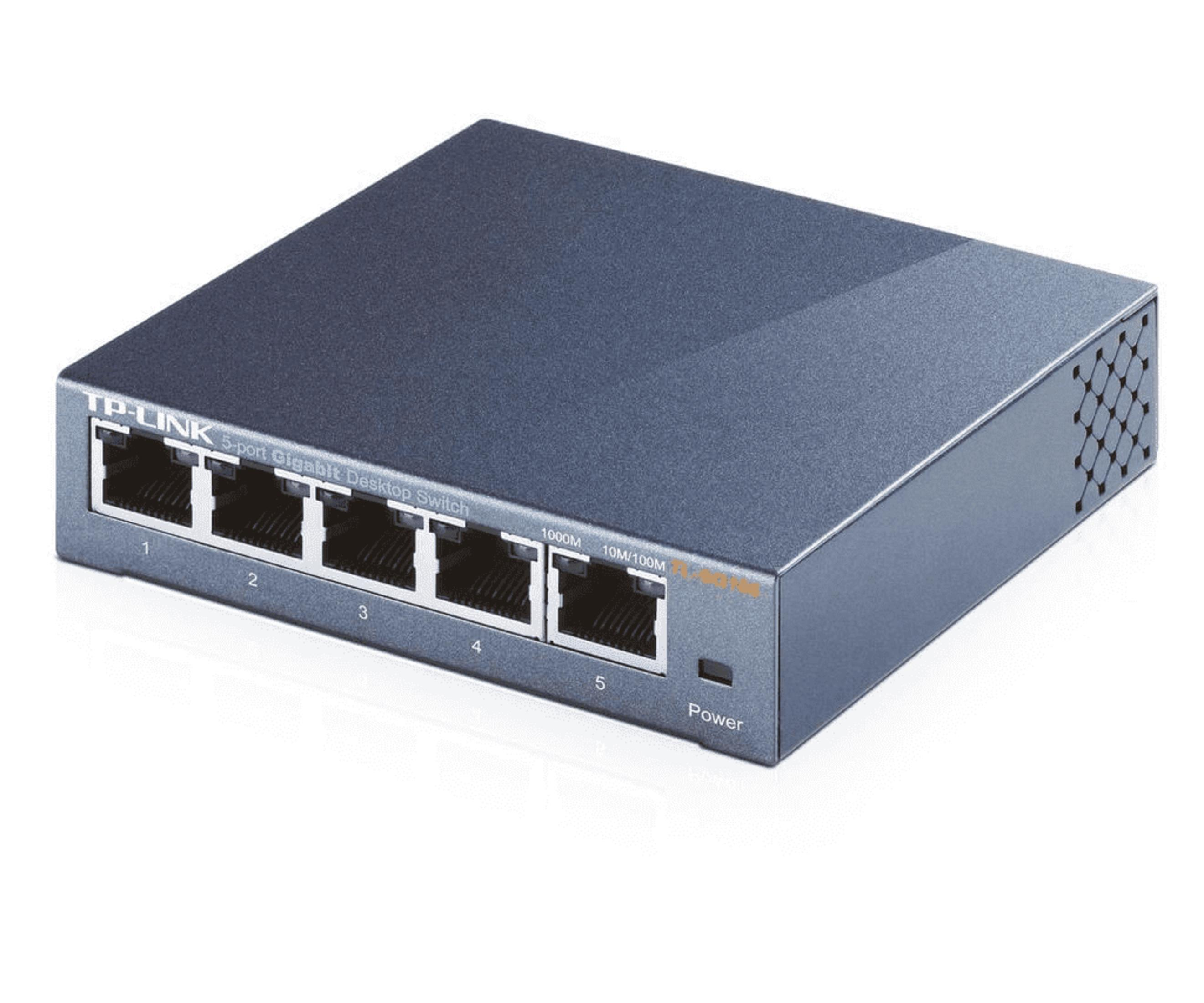 Szary 5-portowy przełącznik biurkowy Gigabit TP-Link z portami Ethernet.