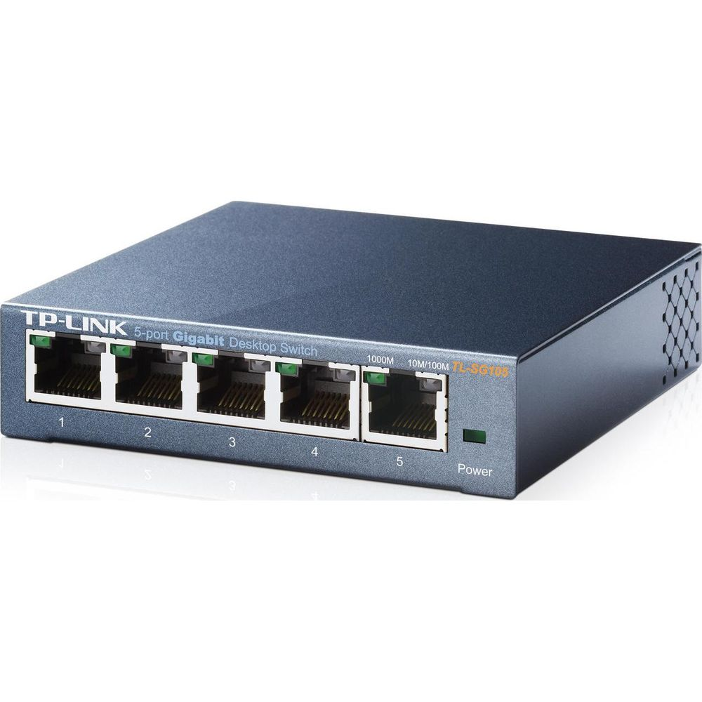Uno switch desktop Gigabit TP-Link blu a 5 porte con cinque porte Ethernet.
