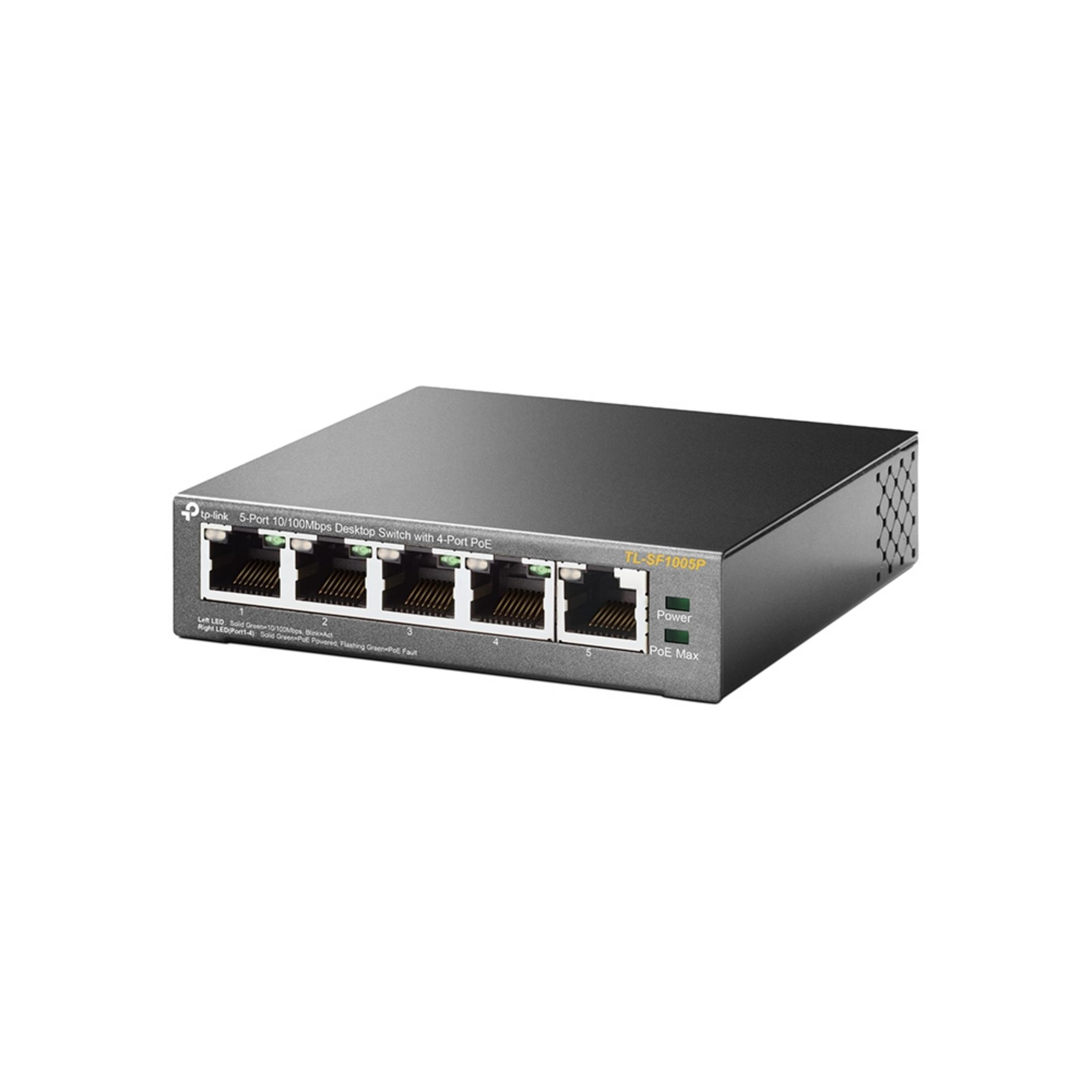 Een grijze TP-Link 5-poorts desktop switch met 4 PoE-poorten.