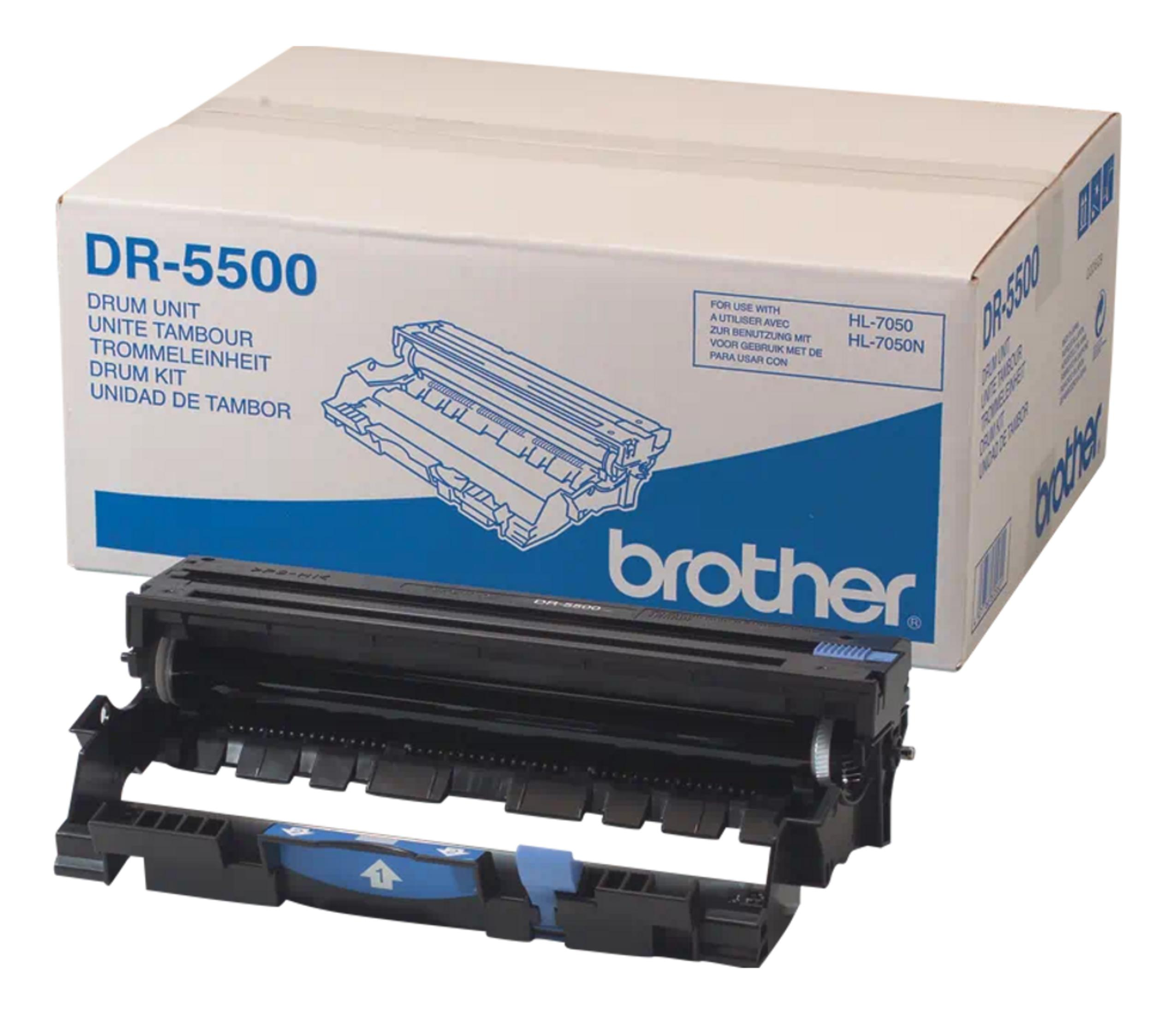 Un'unità tamburo Brother DR-5500 e il suo imballaggio in primo piano.