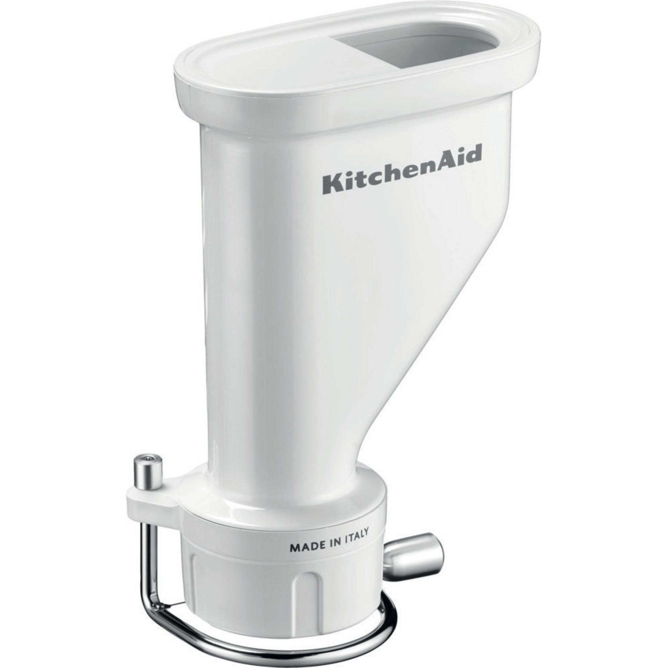 Ein weißer KitchenAid-Aufsatz mit silbernen Metallteilen und der Aufschrift Made in Italy.
