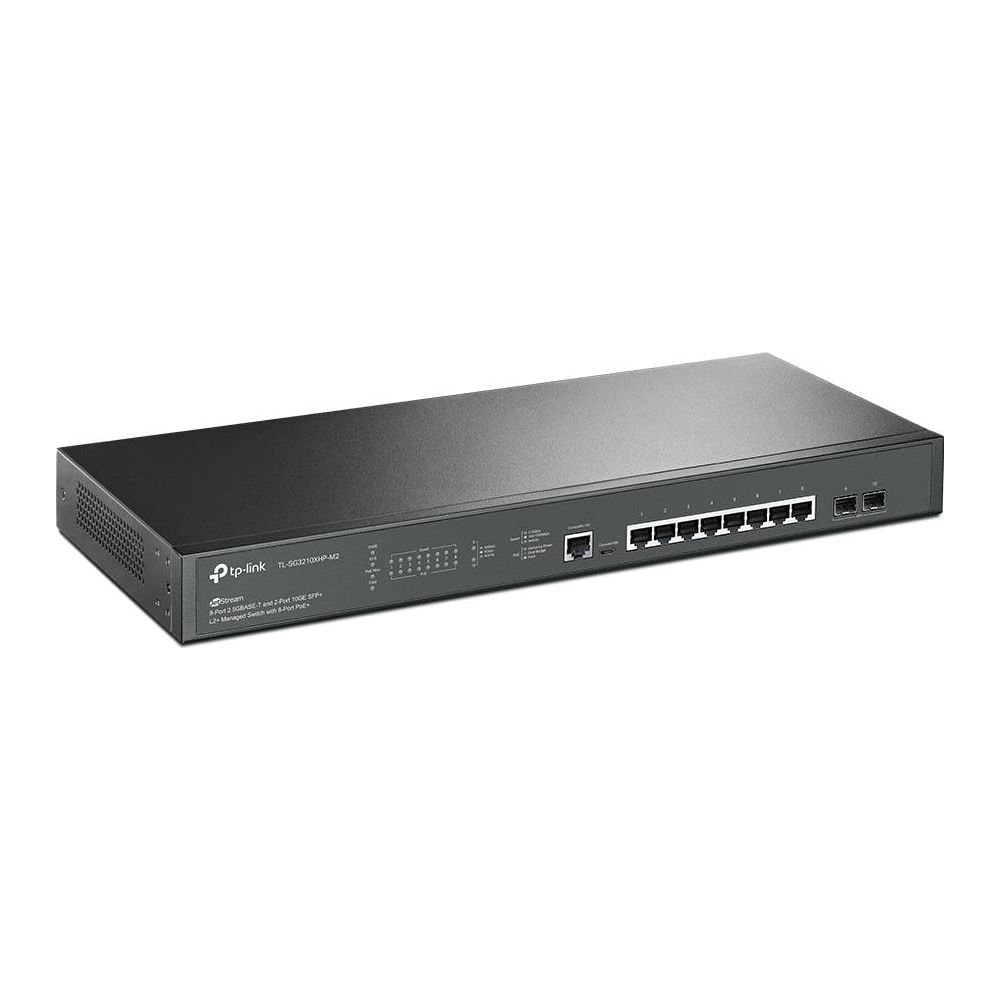 Schwarzer TP-Link Netzwerk-Switch mit 8 PoE-Ports, 2 SFP-Ports und 2 RJ45-Ports.
