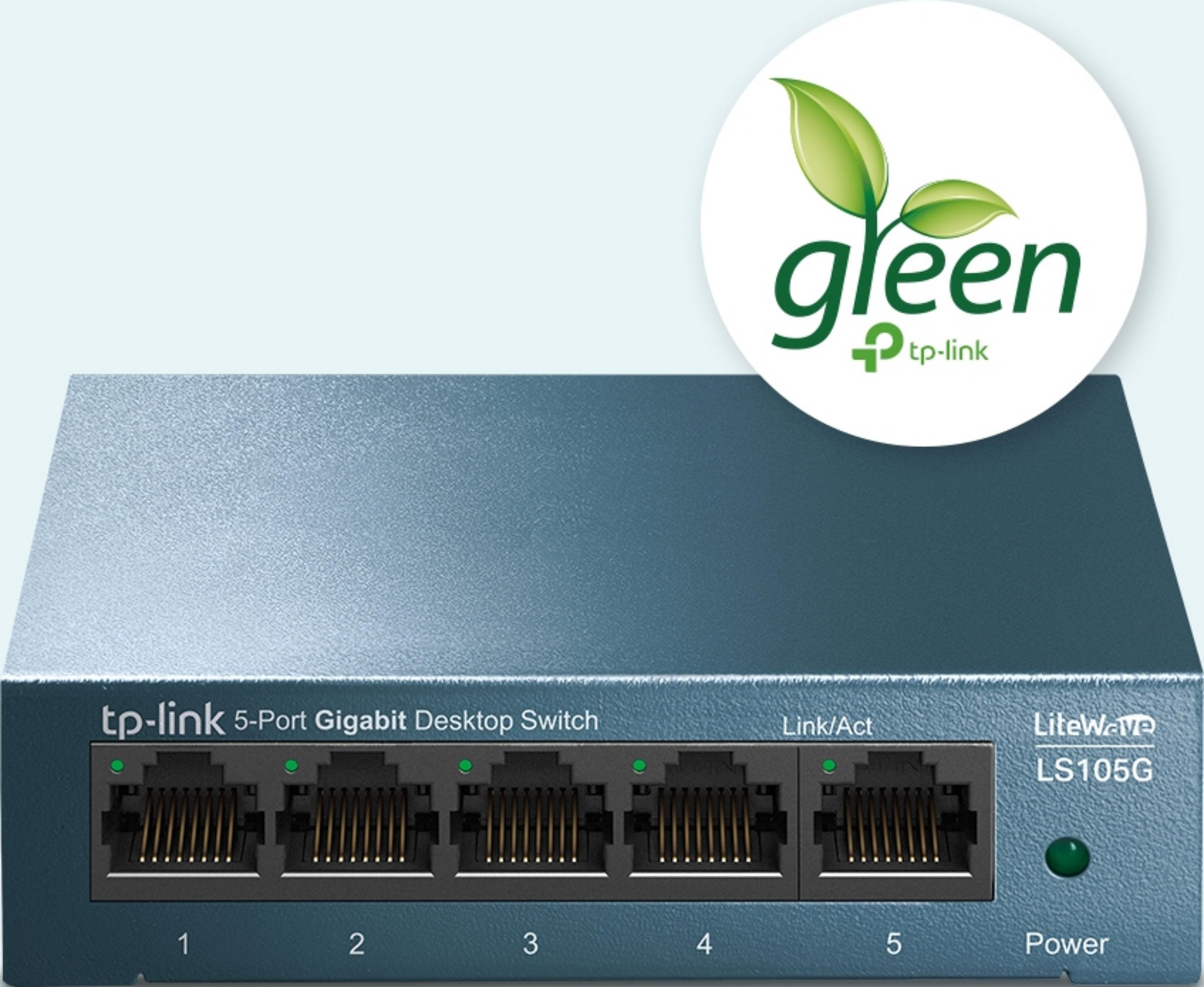 Niebieski TP-Link 5-portowy przełącznik Gigabit z logo Green TP-Link.