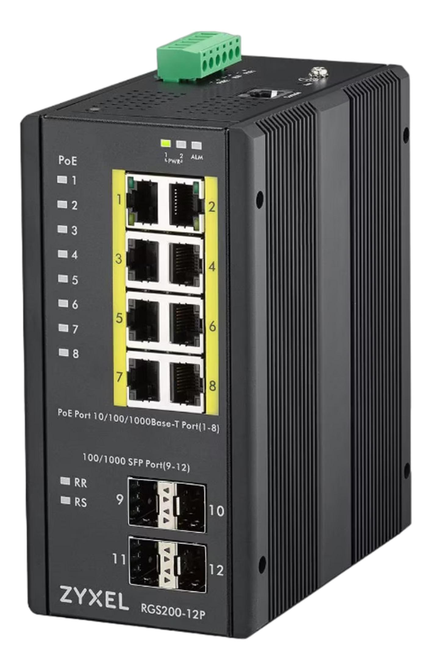Czarny przełącznik sieciowy Zyxel RGS200-12P z 12 portami i PoE.