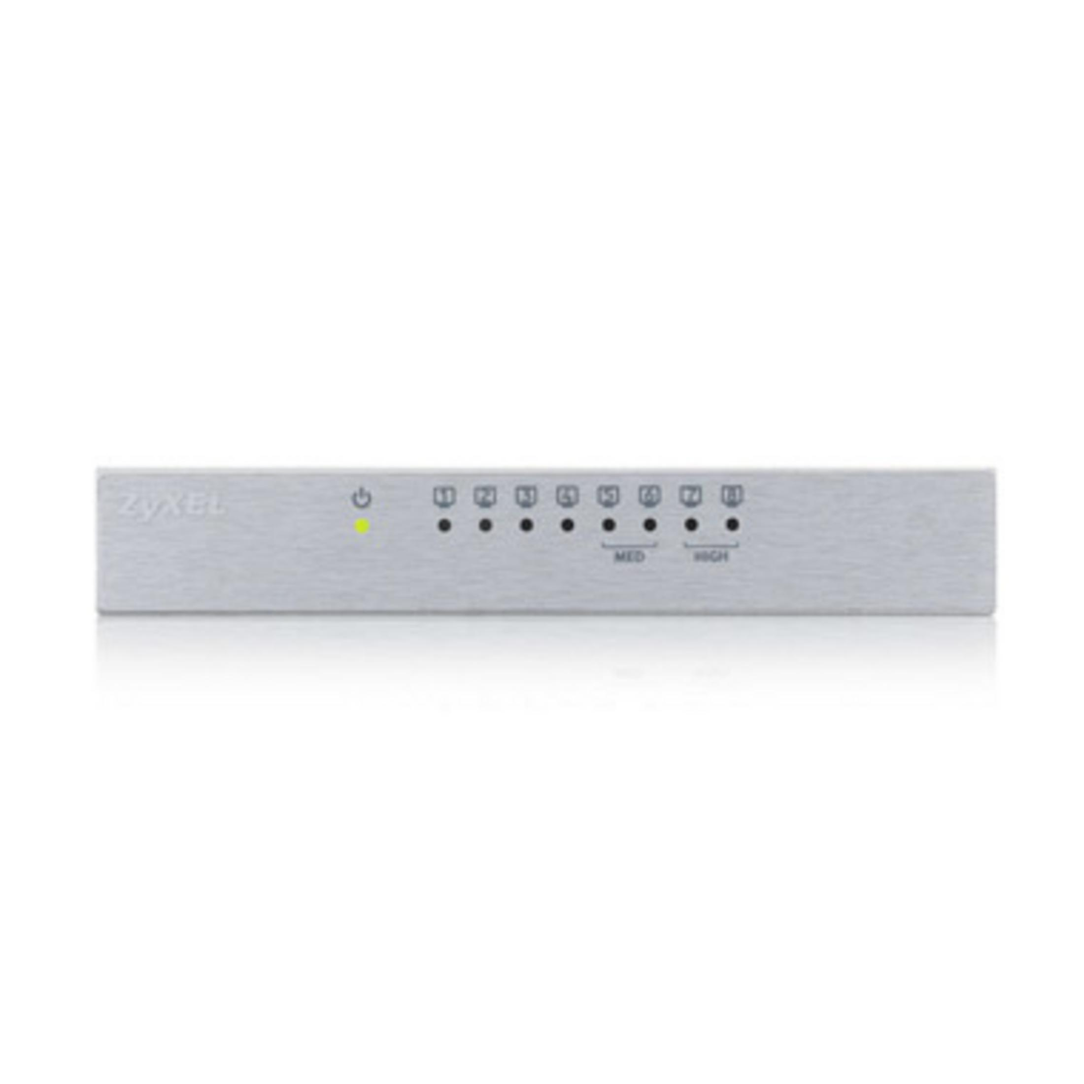 Ein silbernes Zyxel-Gerät mit 8 Ports und LED-Anzeigen.