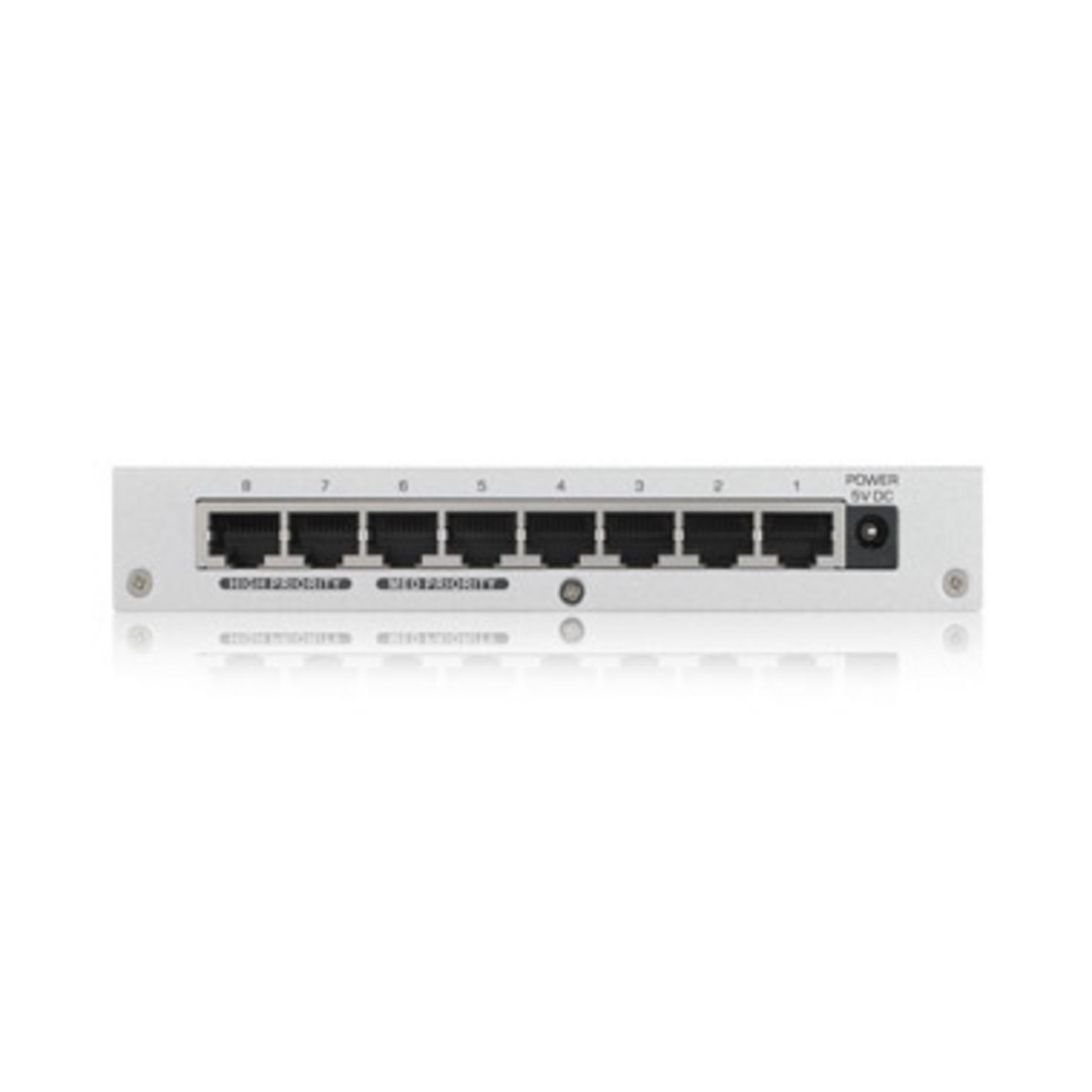 Ein silberner Netzwerk-Switch mit acht Anschlüssen und LED-Anzeigen.