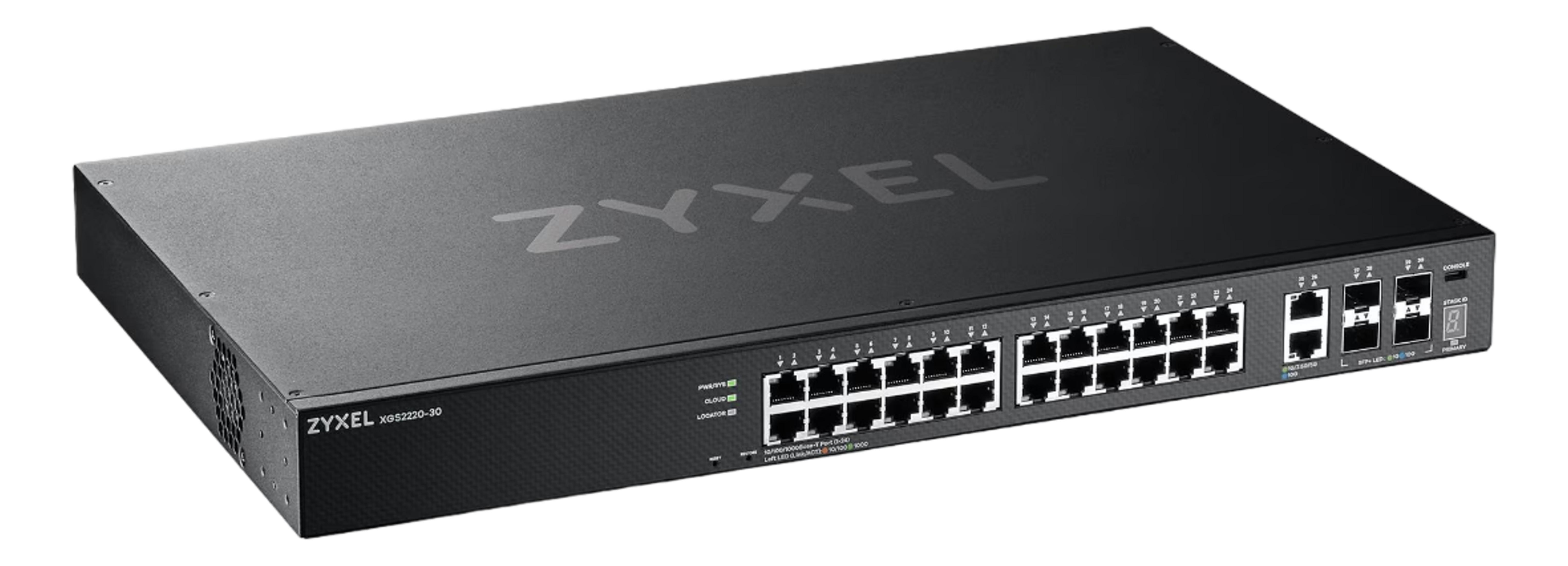 Czarny przełącznik sieciowy Zyxel z wieloma portami i diodami LED.