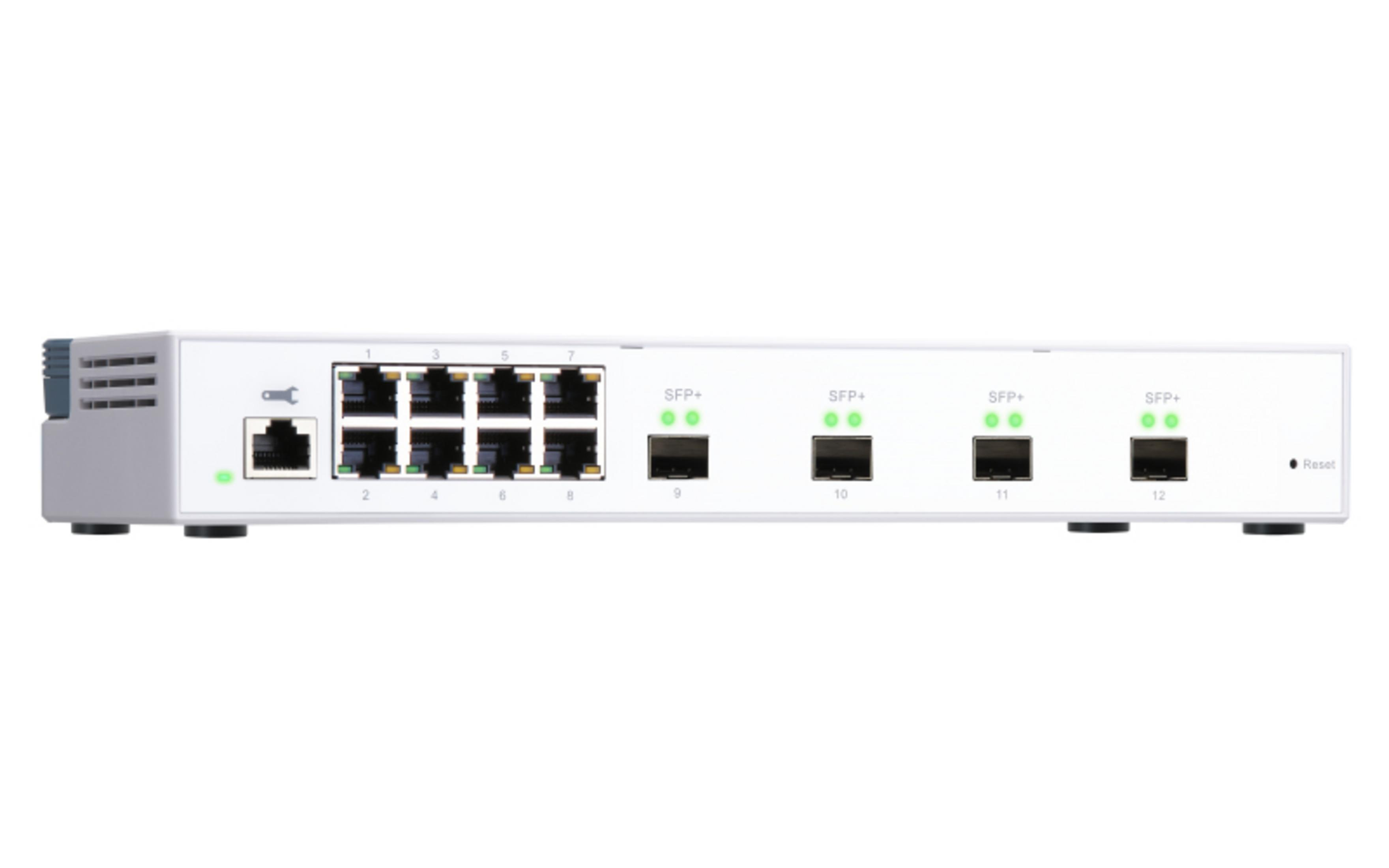 Biały przełącznik sieciowy z 8 portami Ethernet i 4 portami SFP+.