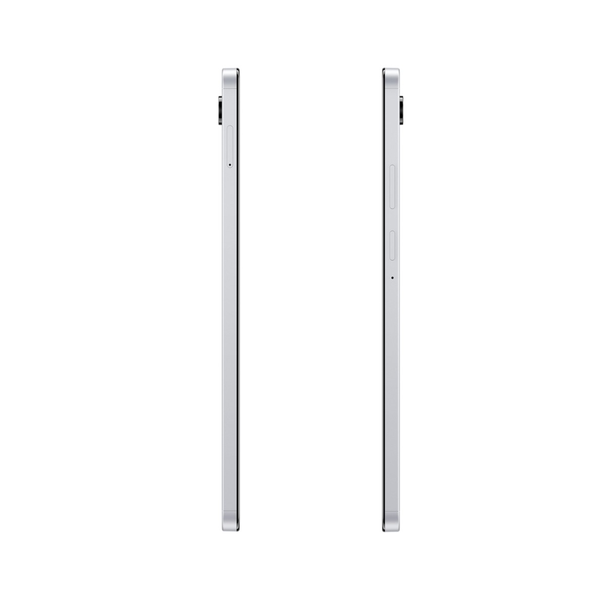 Deux tablettes argentées, vues de côté, sur fond blanc.