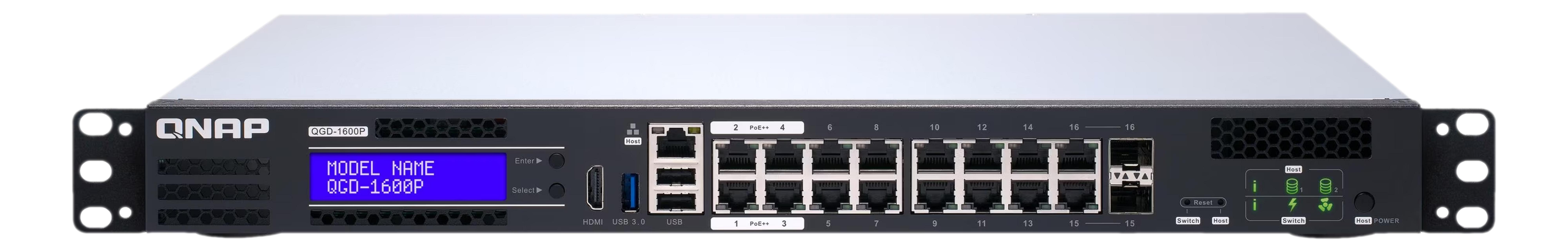 Switch sieciowy QNAP QGD-1600P z 16 portami, HDMI i USB.