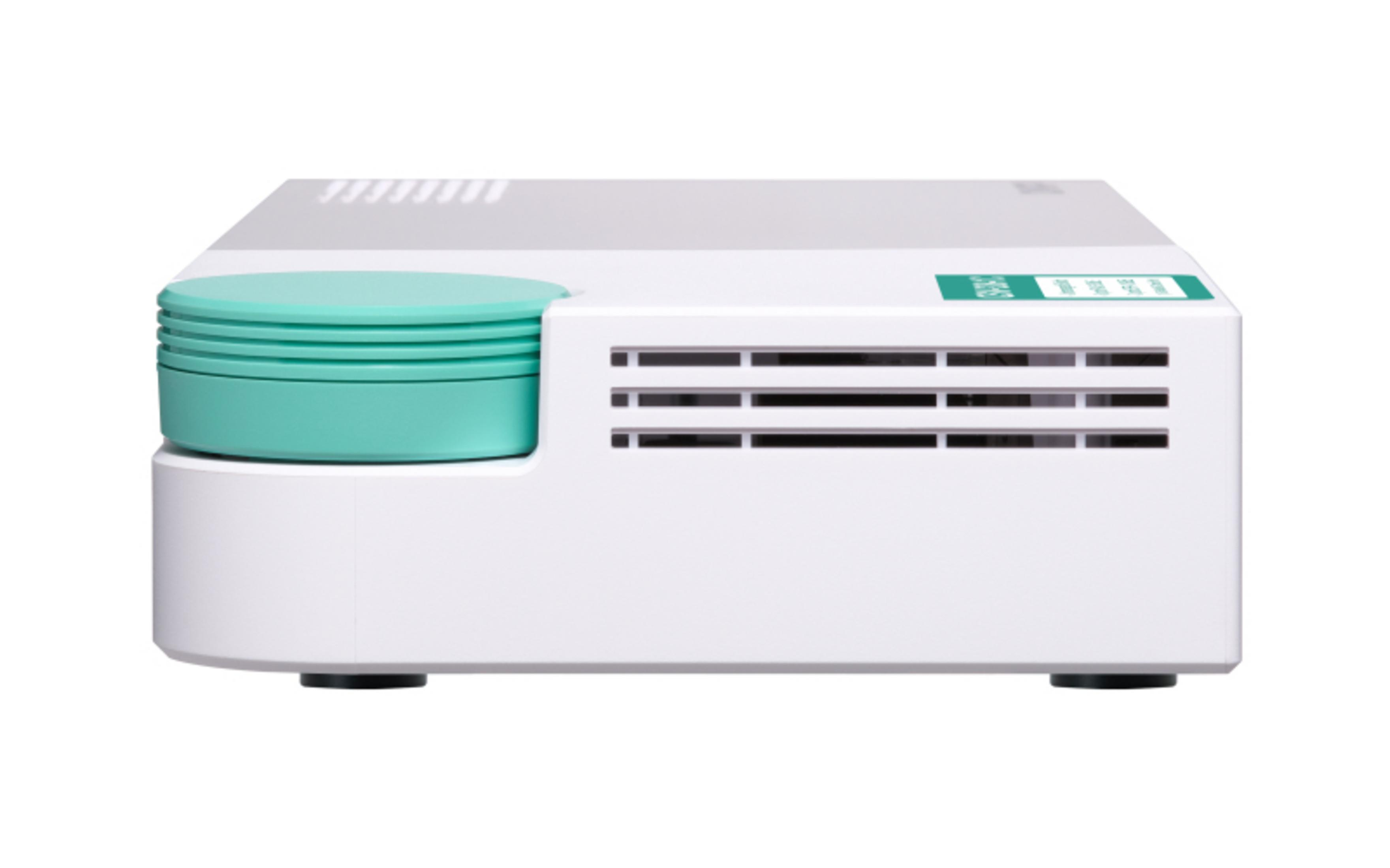 Un proiettore bianco con manopola di regolazione turchese e fessure di ventilazione.