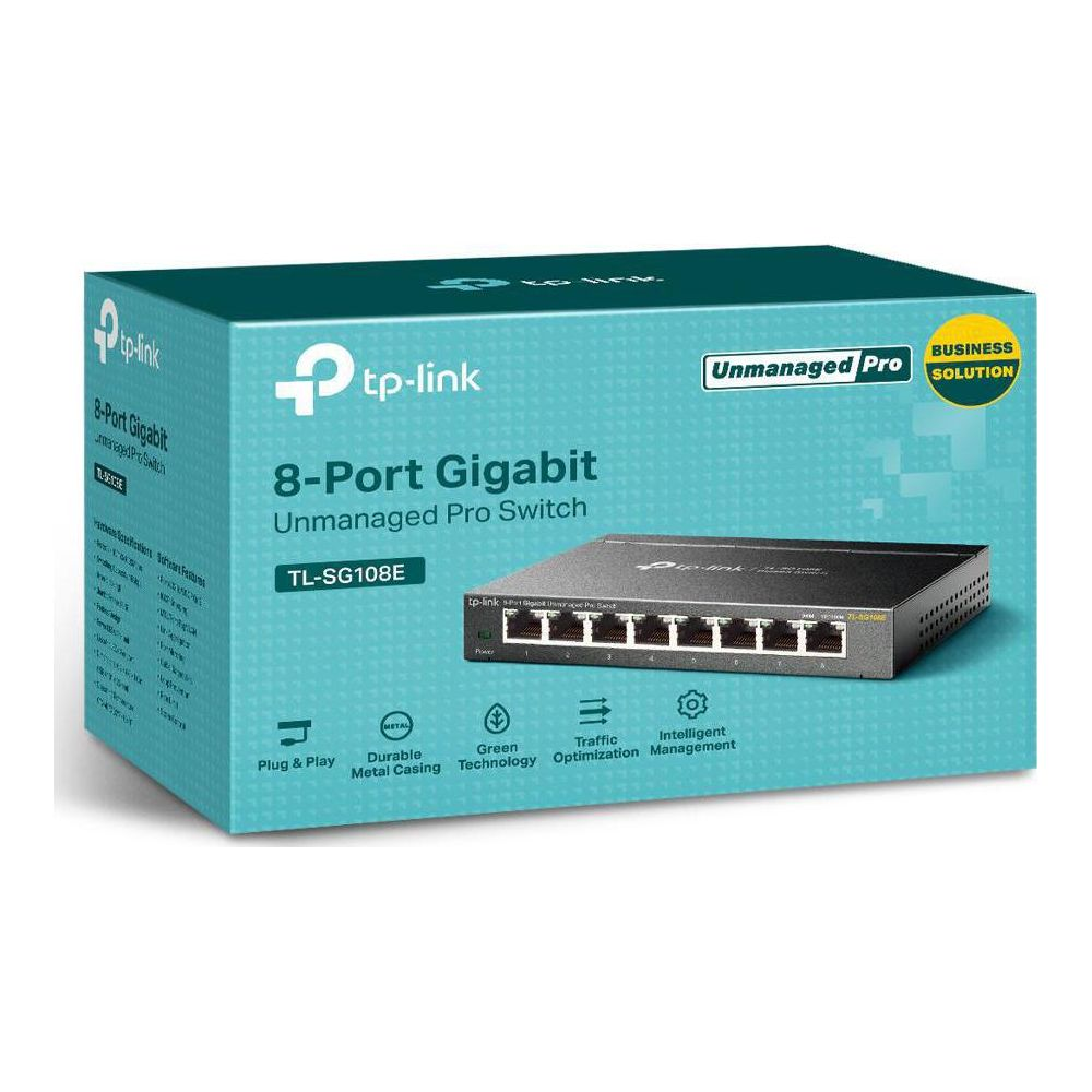 TP-Link 8-Port Gigabit Unmanaged Pro Switch auf einer Packung mit Icons.